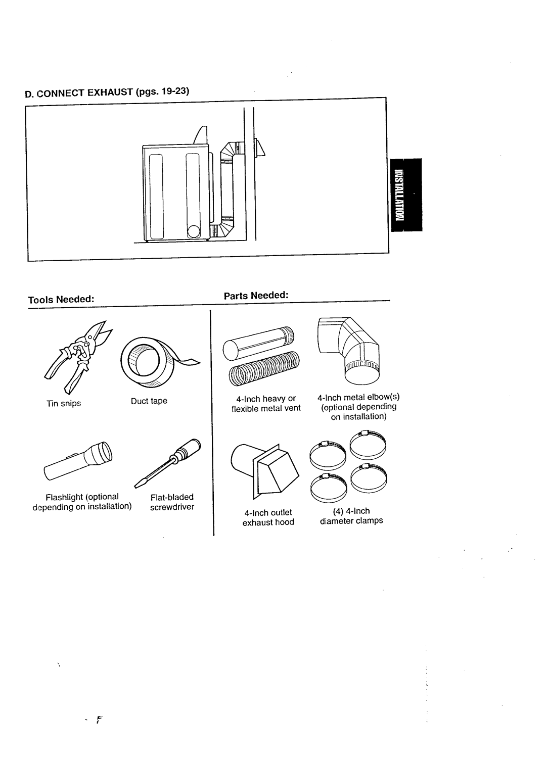 Kenmore 3405602 owner manual Connect Exhaust pgs Tools Needed Parts Needed, Optional depending 