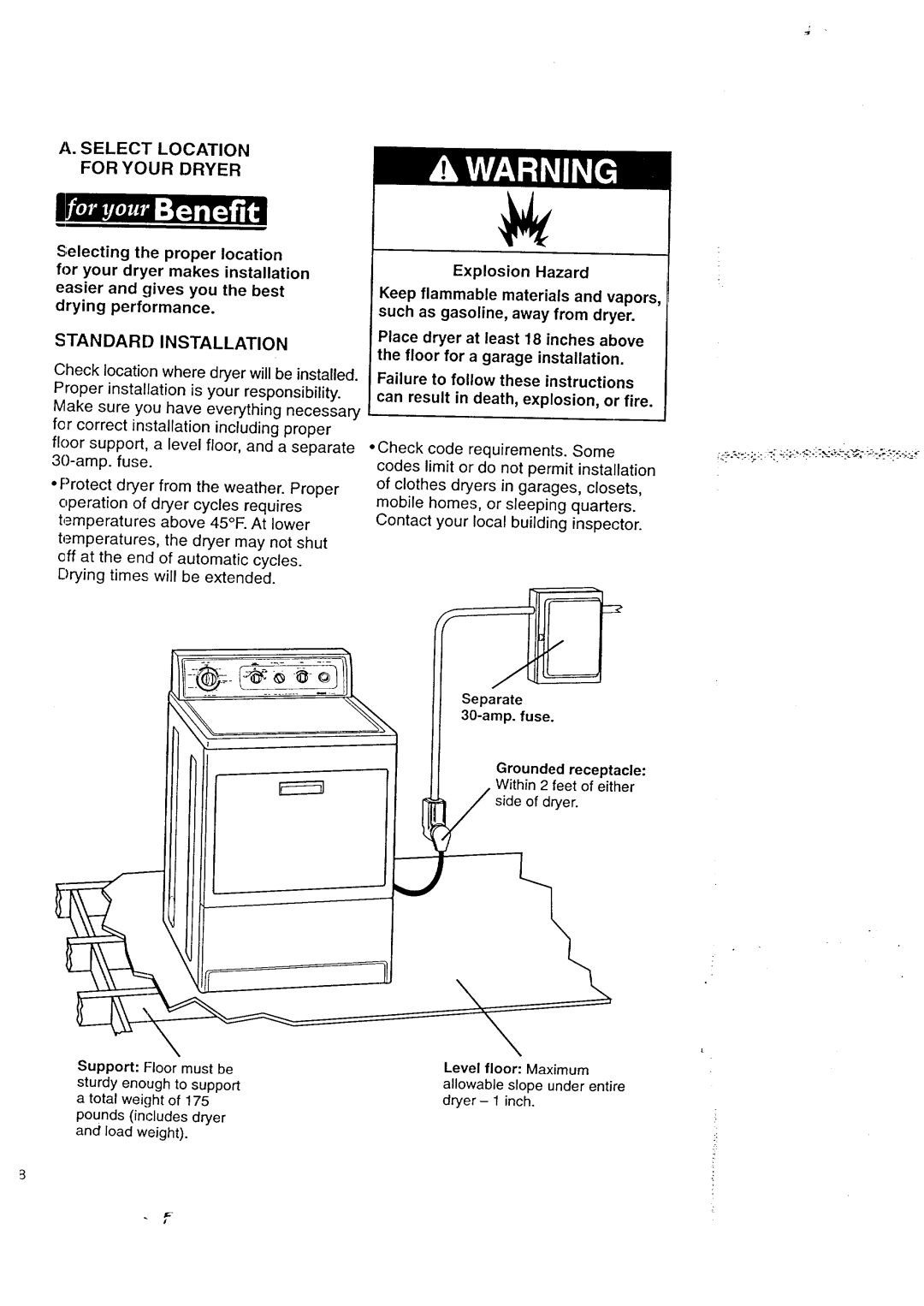 Kenmore 3405602 owner manual Select Location for Your Dryer, Standard Installation 