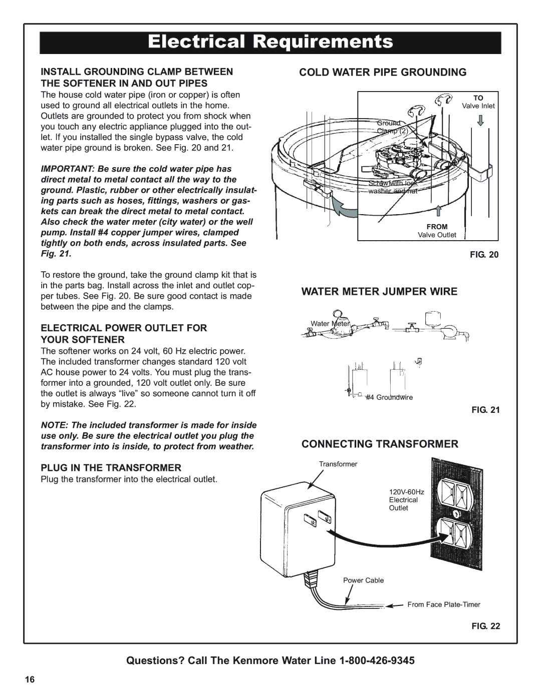 Kenmore 350 Series Electrical Requirements, Cold Water Pipe Grounding, Water Meter Jumper Wire, Connecting Transformer 