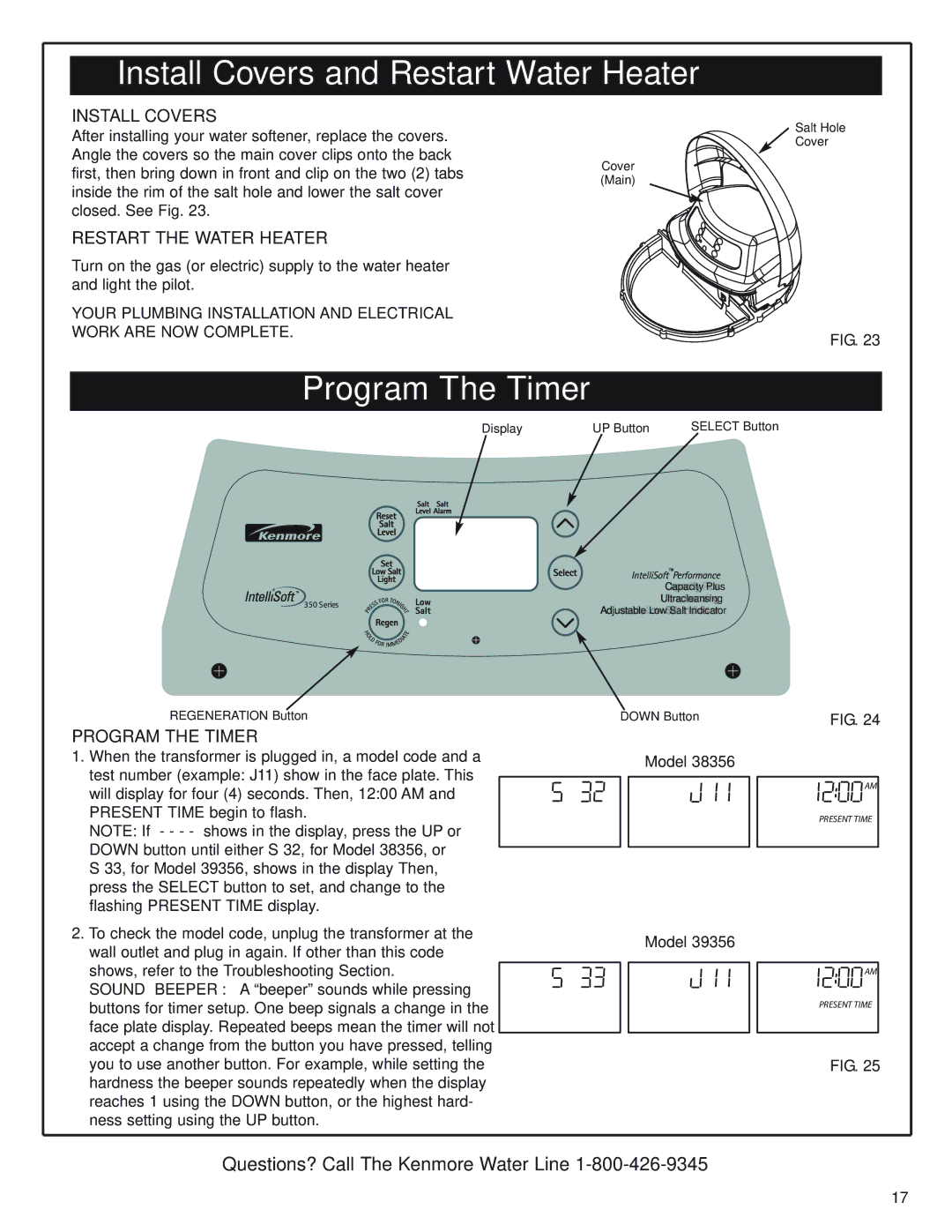 Kenmore 625.393560 Install Covers and Restart Water Heater, Program The Timer, Restart the Water Heater, Program the Timer 