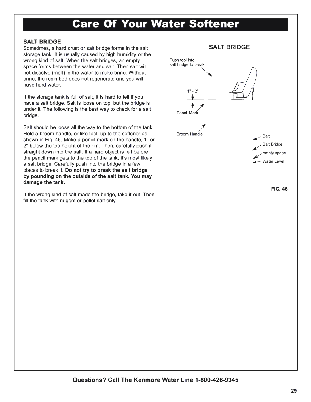 Kenmore 625.393560, 350 Series warranty Care Of Your Water Softener, Salt Bridge 