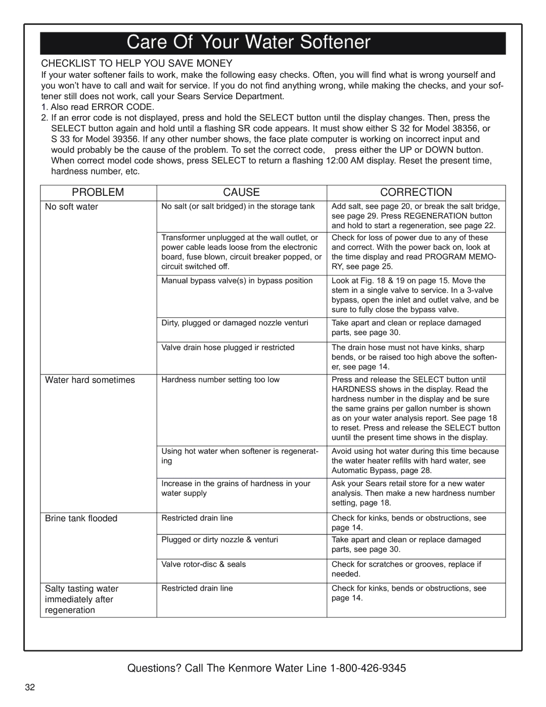 Kenmore 350 Series, 625.393560 warranty Problem Cause Correction, Checklist to Help YOU Save Money 