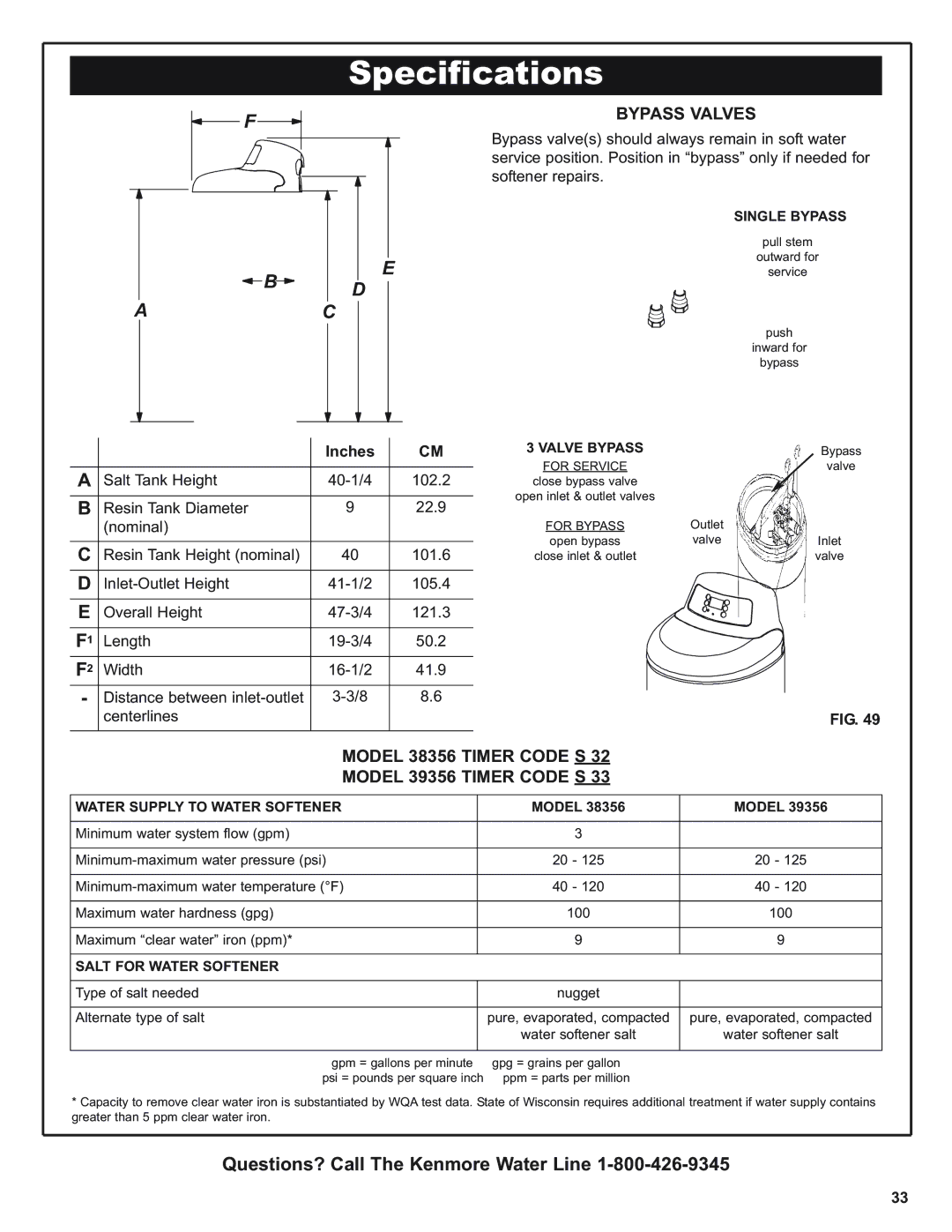 Kenmore 625.393560, 350 Series Specifications, Bypass Valves, Model 38356 Timer Code S Model 39356 Timer Code S, Inches 