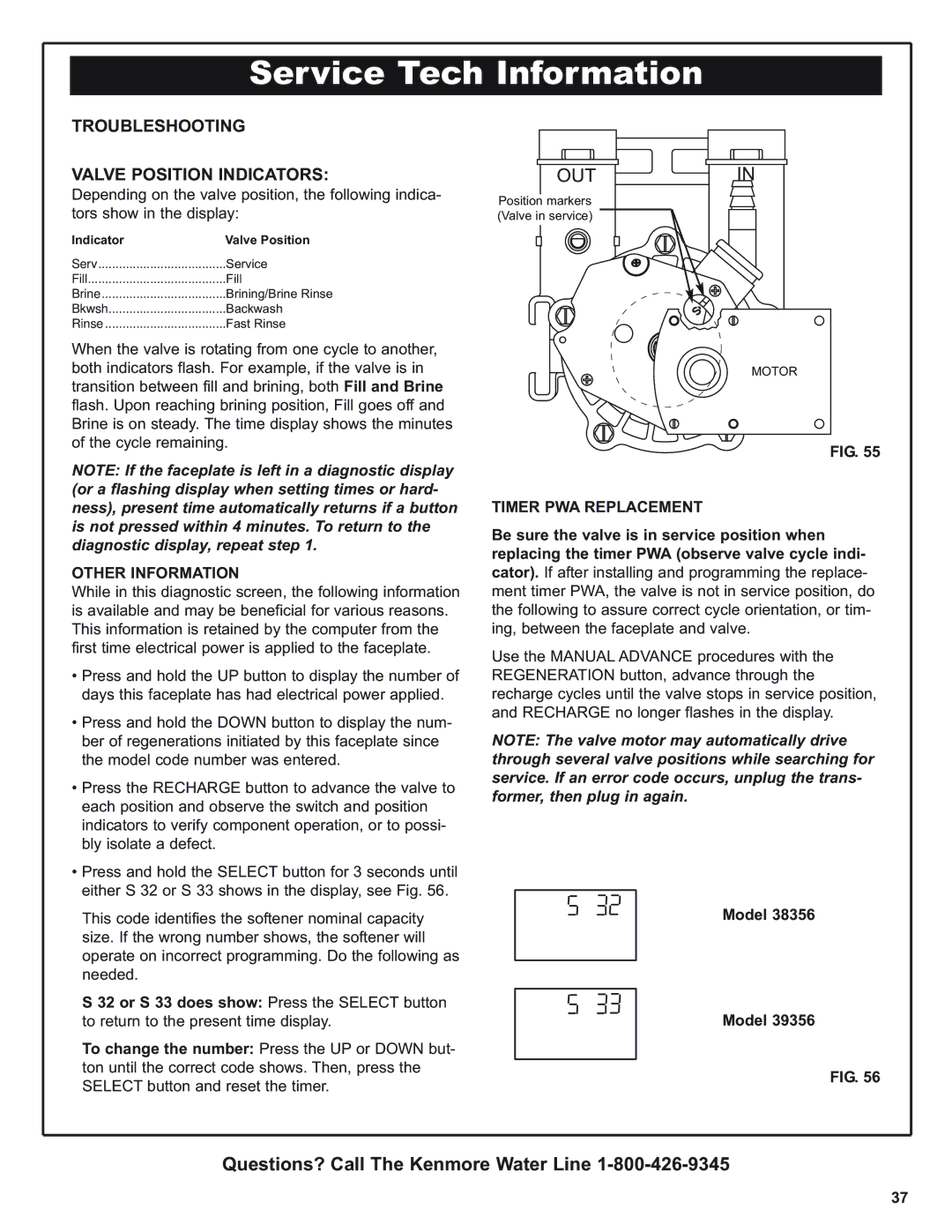 Kenmore 625.393560, 350 Series Troubleshooting Valve Position Indicators, Other Information, Timer PWA Replacement, Model 