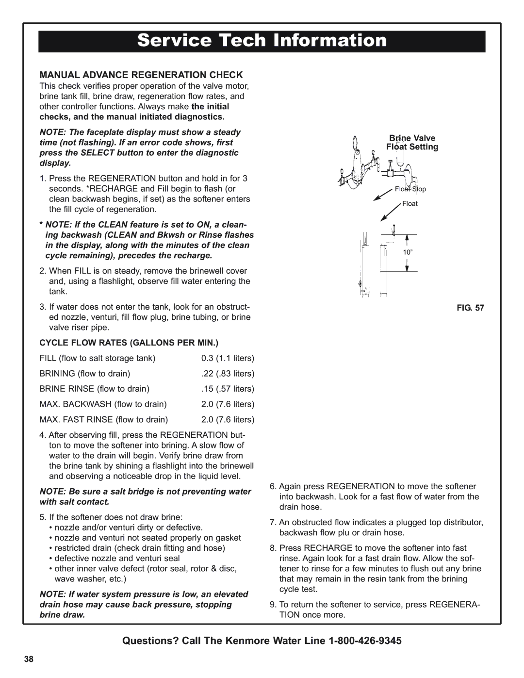 Kenmore 350 Series warranty Manual Advance Regeneration Check, Cycle Flow Rates Gallons PER MIN, Brine Valve Float Setting 