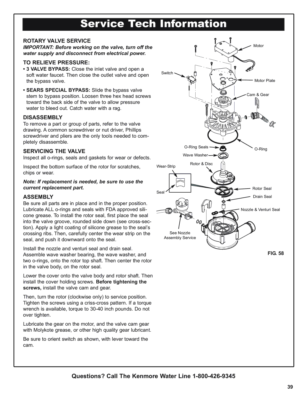 Kenmore 625.393560, 350 Series Rotary Valve Service, To Relieve Pressure, Disassembly, Servicing the Valve, Assembly 