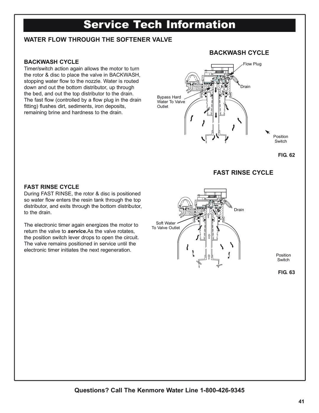 Kenmore 625.393560, 350 Series warranty Water Flow Through the Softener Valve Backwash Cycle, Fast Rinse Cycle 