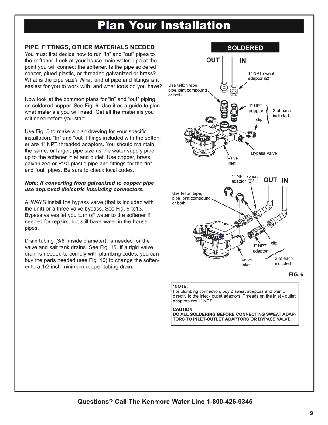 Kenmore 625.393560, 350 Series warranty Out, PIPE, FITTINGS, Other Materials Needed 