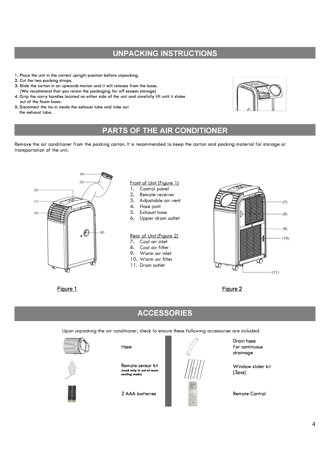 Kenmore 35132 manual Unpacking Instructions, Parts Of The Air Conditioner, Accessories 