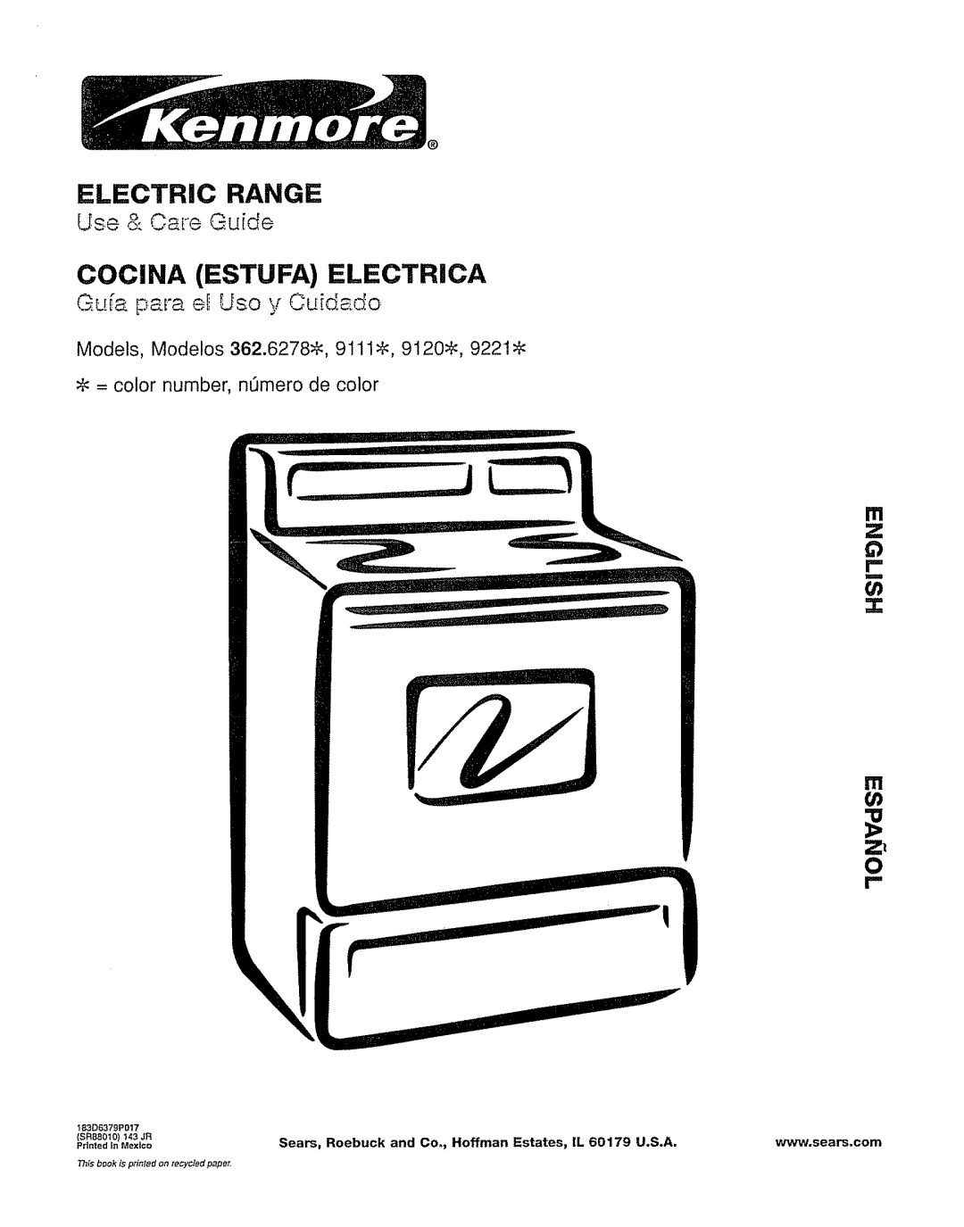 Kenmore 362.6278 manual Electric Range 