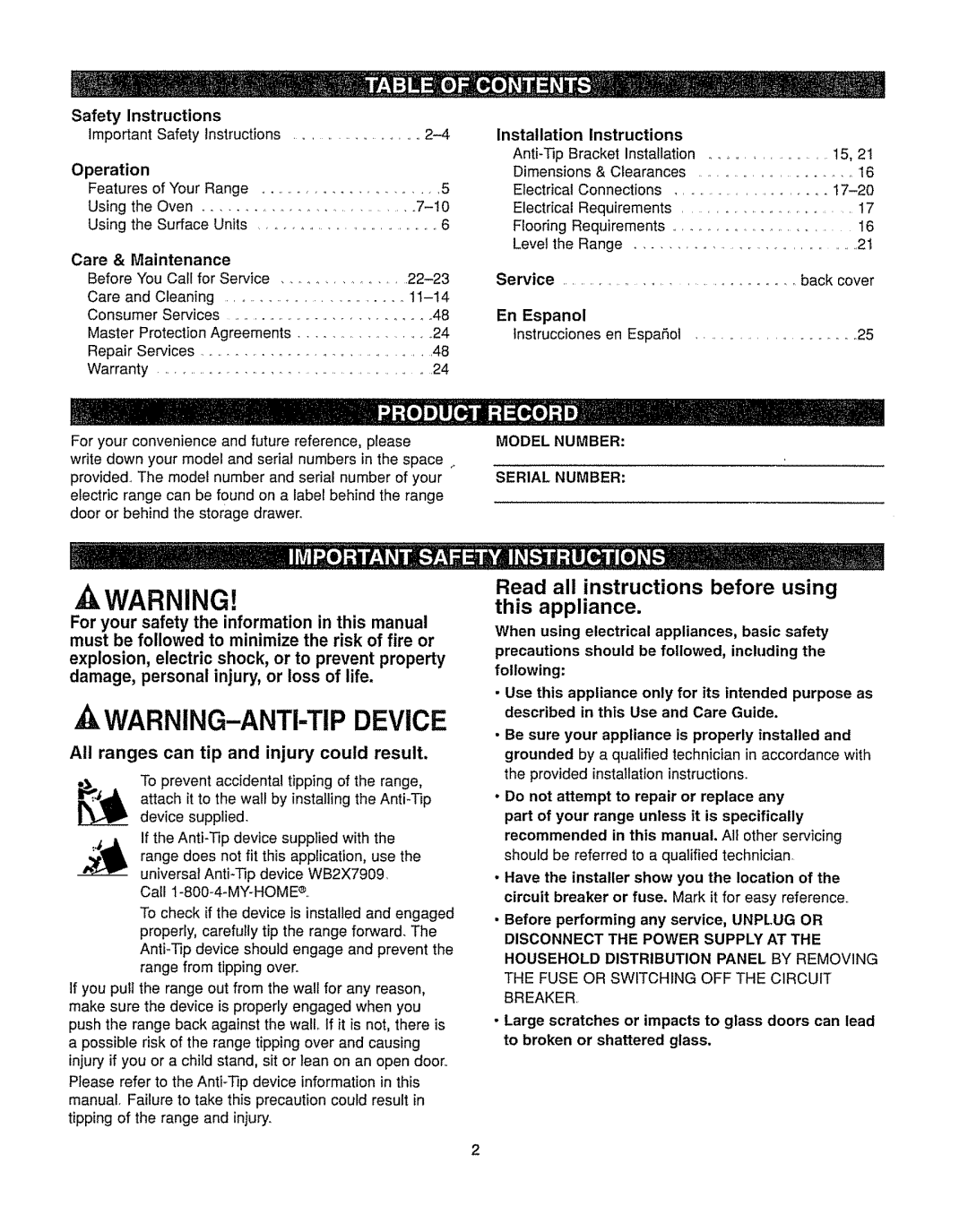 Kenmore 362.6278 manual Instructions, Installation, Maintenance, En Espanol 