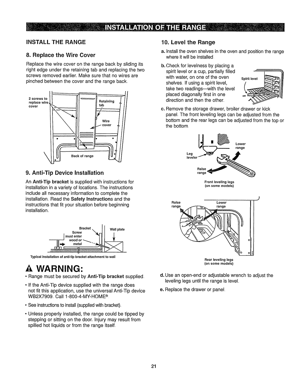 Kenmore 362.6278 manual Replace the Wire Cover, Anti-Tip Device Installation, Woodor--........ Iil, Level the Range 