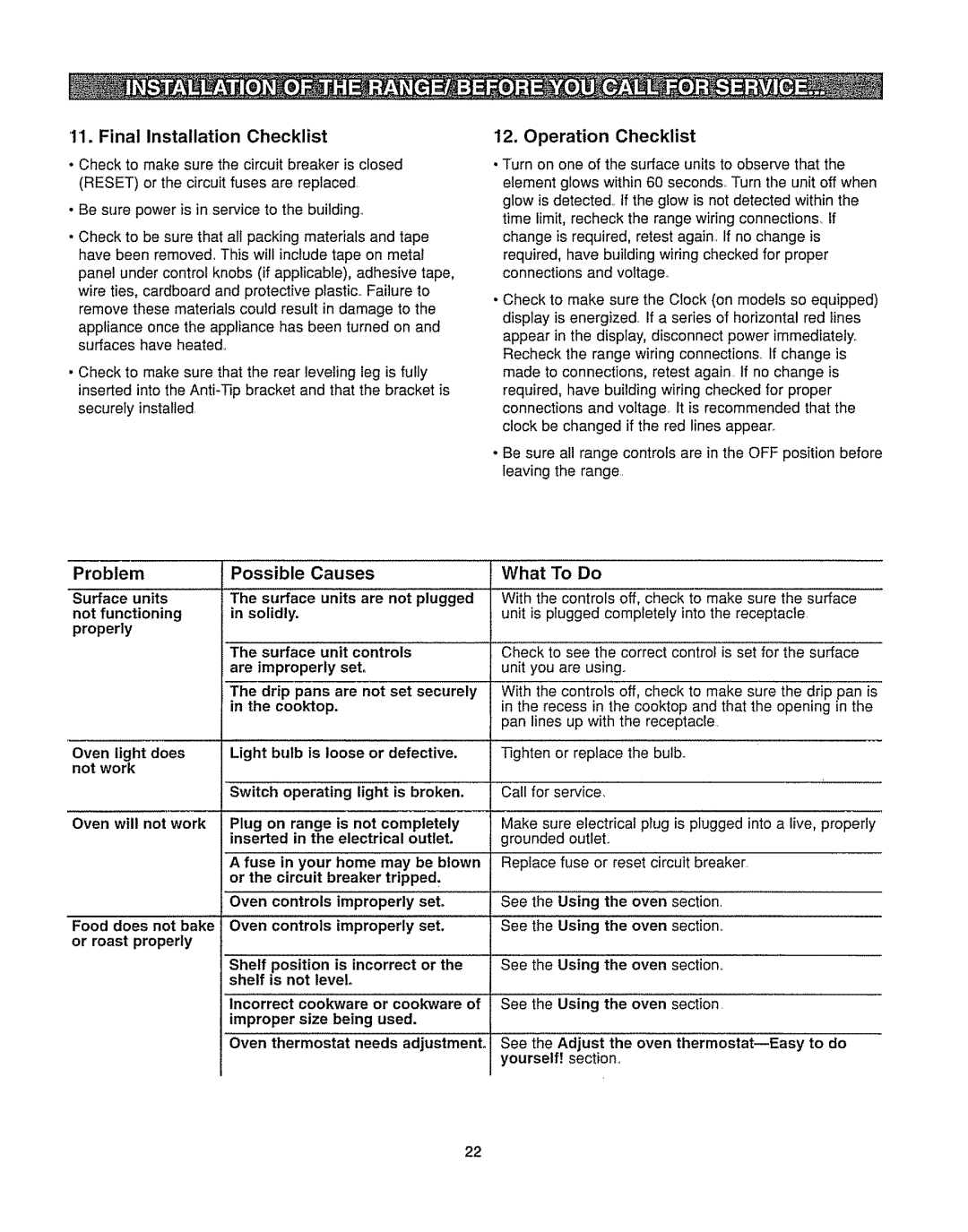 Kenmore 362.6278 manual Final Installation Checklist, What To Do, Problem, Surface units, Solidly 