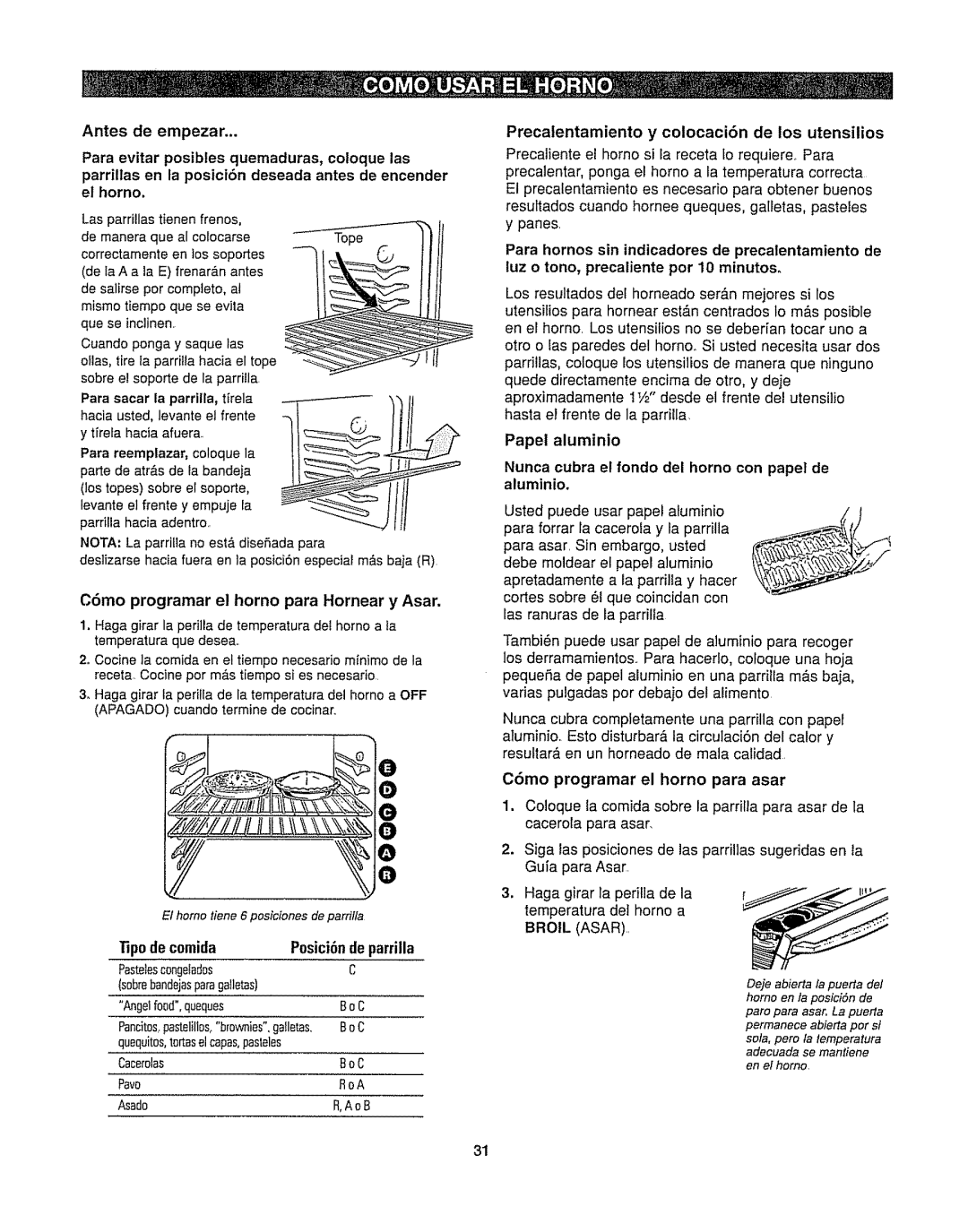 Kenmore 362.6278 manual Precatentamiento y colocaci6n de los utensilios, Con pape! de, Fipo de comida Posicibnde parrilla 