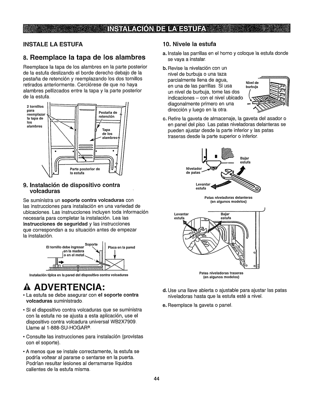 Kenmore 362.6278 manual Reemplace la tapa de los alambres, Lnstalaci6n de dispositivo contra volcaduras 