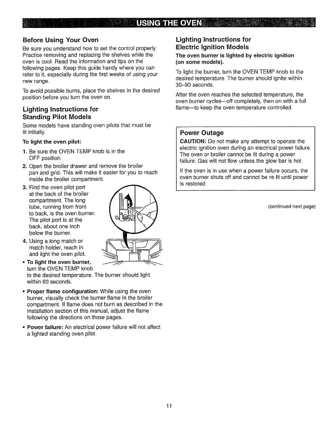 Kenmore 362.61121 manual Before Using Your Oven, Standing Pilot Models, Lighting Instructions for Electric Ignition Models 