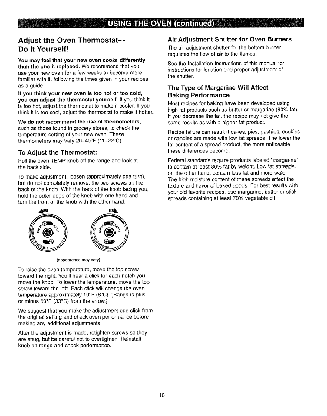 Kenmore 362.72221, 362.72232, 362.72220 Adjust the Oven Thermostat Do It Yourself, Air Adjustment Shutter for Oven Burners 