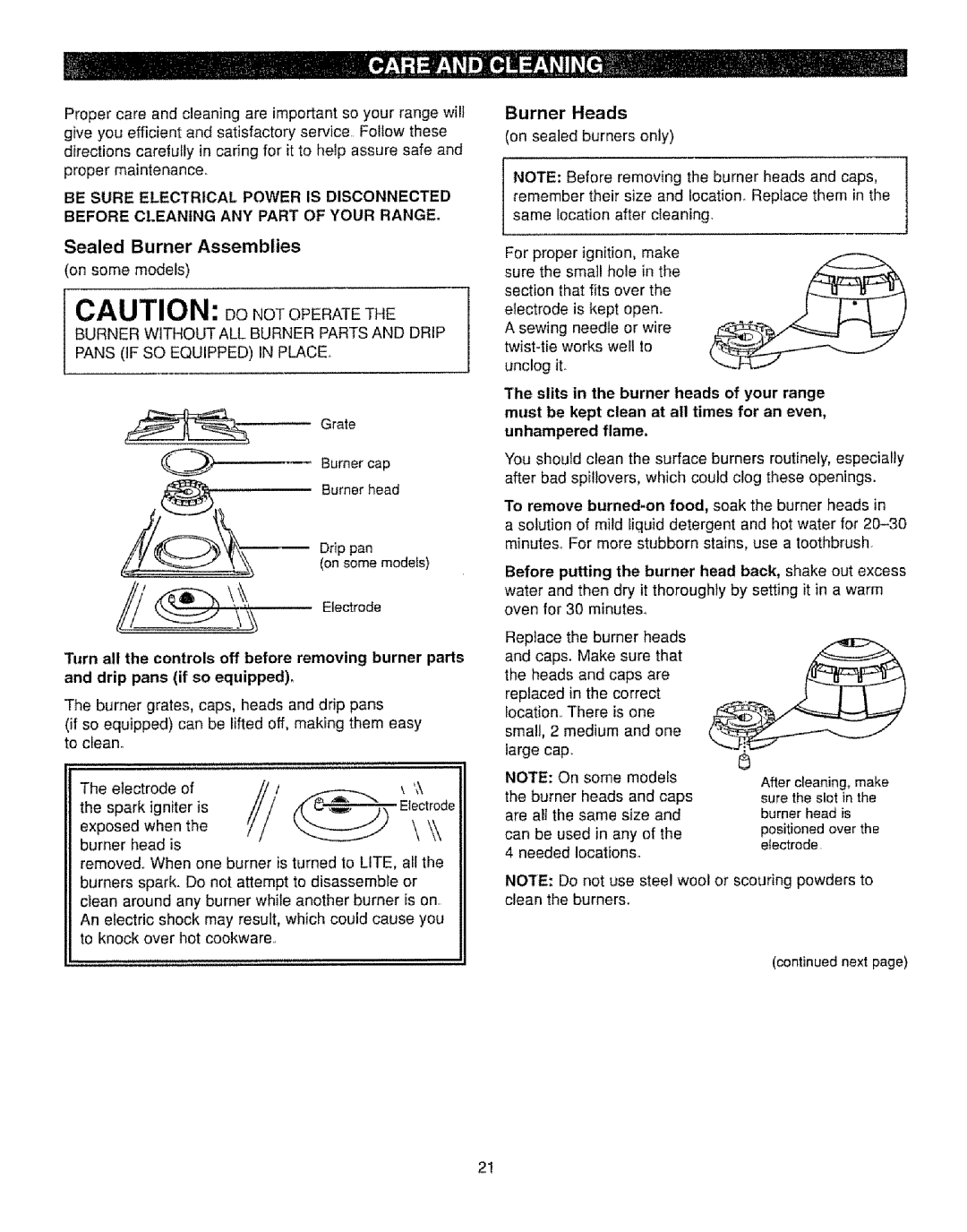 Kenmore 362.71331 Sealed Burner Assemblies, Be Sure Electrical Power is Disconnected, Igniter, Burner Heads, Large cap 