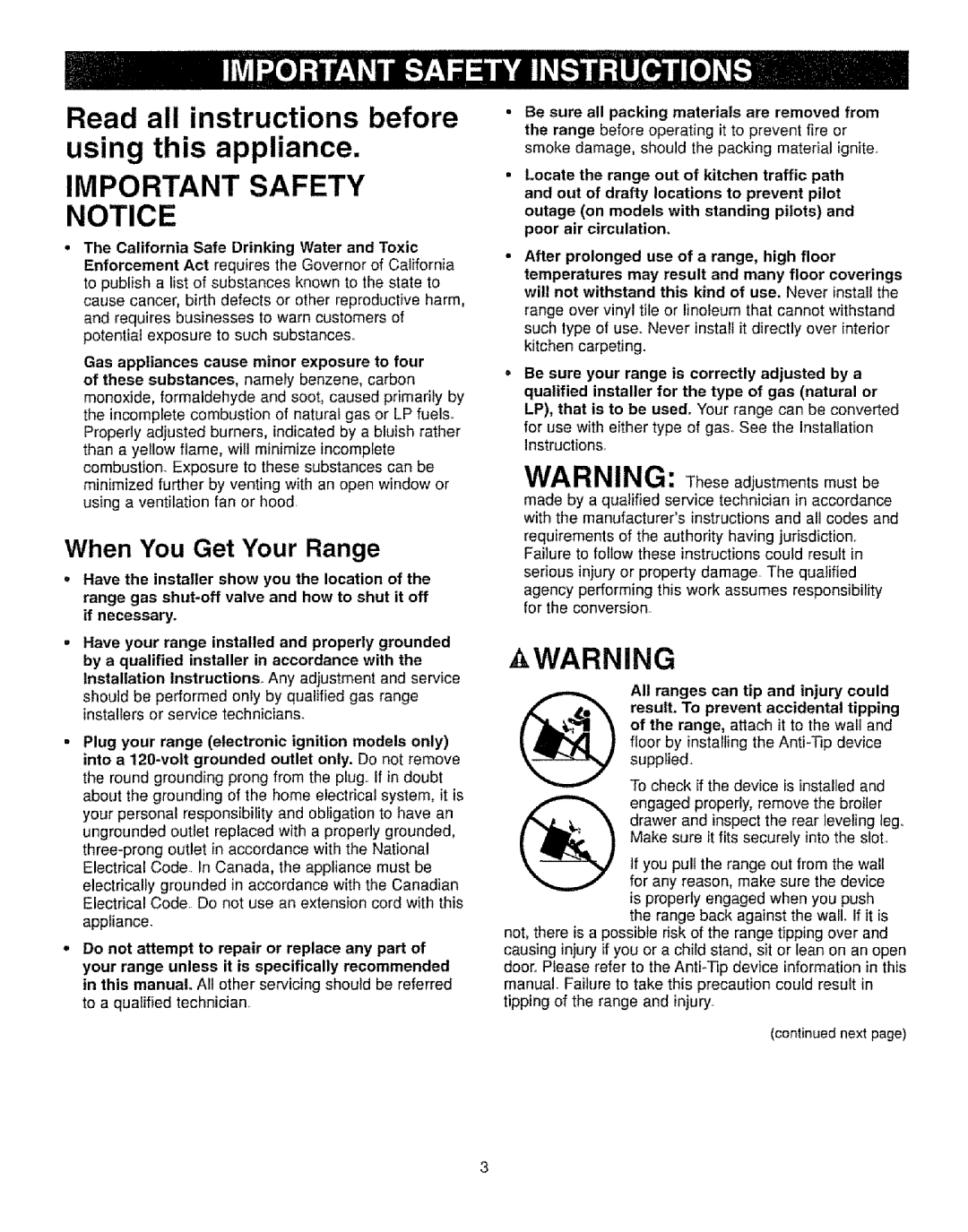 Kenmore 362.72222, 362.72232, 362.72221, 362.72220 manual Important Safety Notice, California Safe Drinking Water and Toxic 