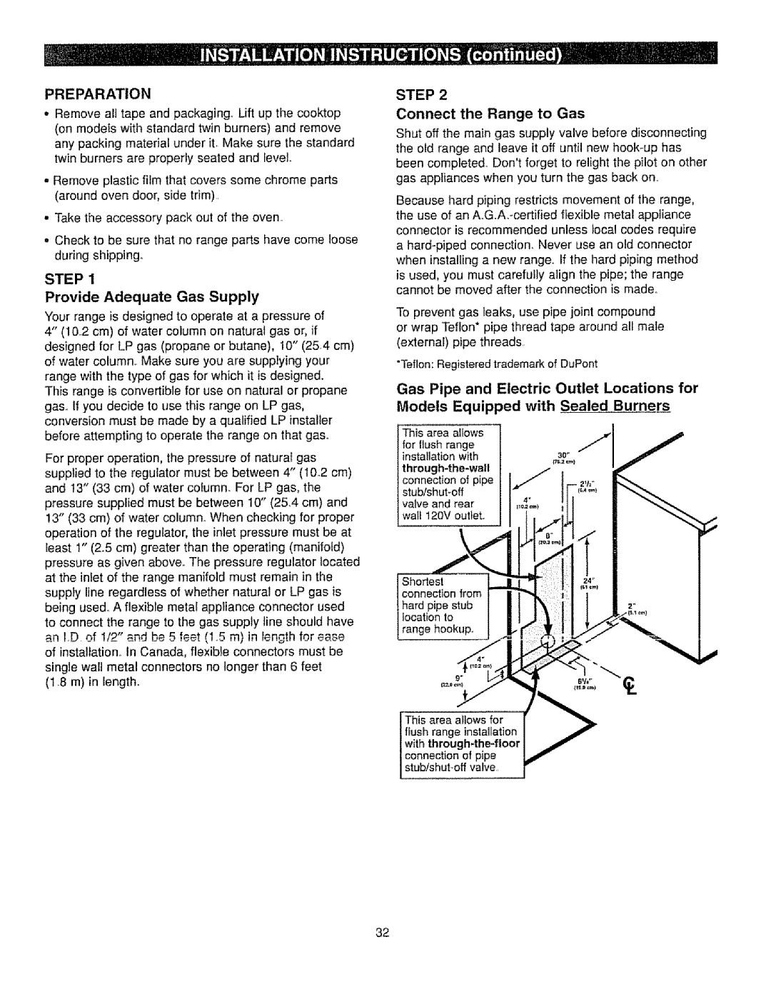 Kenmore 362.72220, 362.72232, 362.72221, 362.72222 Provide Adequate Gas Supply, Connect the Range to Gas, Preparation, Step 