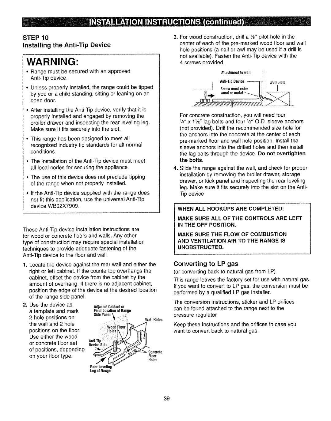 Kenmore 362.71090 manual Installing the Anti-Tip Device, Converting to LP gas, Ajoneelcabinetor, SidePaneli, Unobstructed 