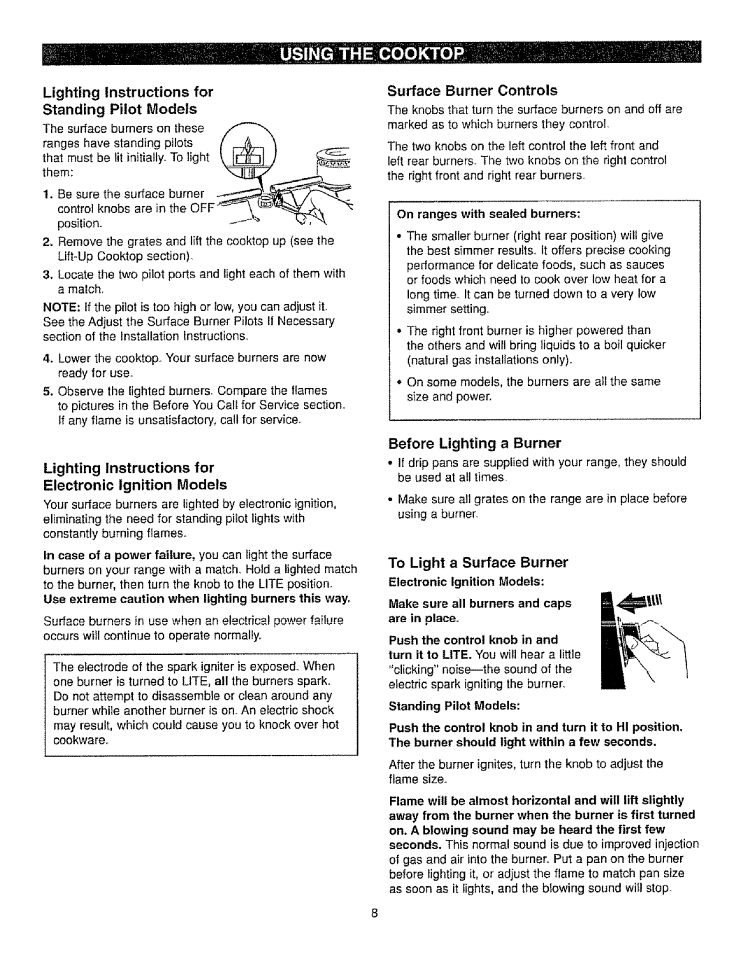 Kenmore 362.72230 Lighting Instructions For Standing Pilot Models, Lighting Instructions for Electronic Ignition Models 