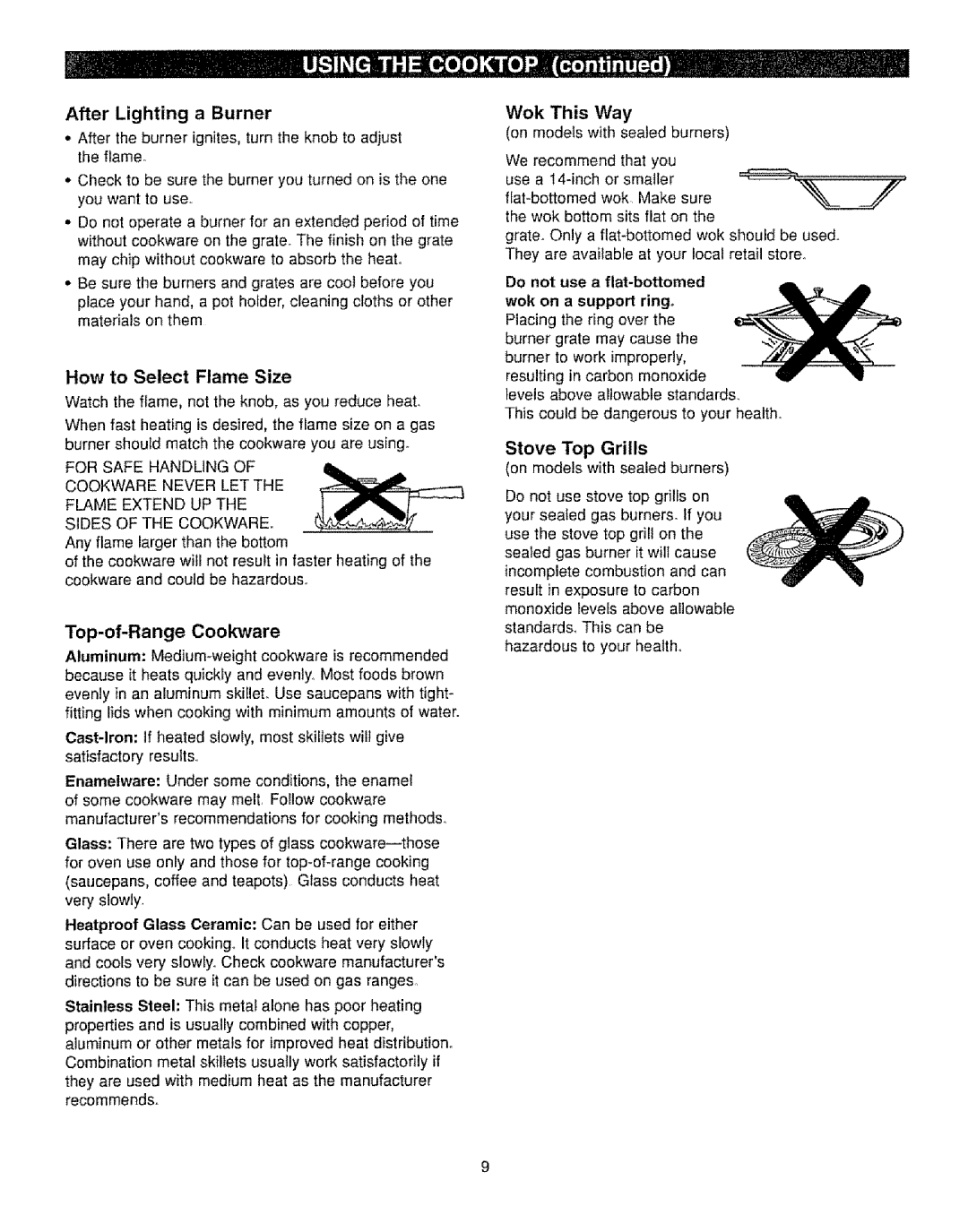 Kenmore 362.71090, 362.72232 manual After Lighting a Burner, Top-of-Range Cookware, How to Select Flame Size, Wok This Way 