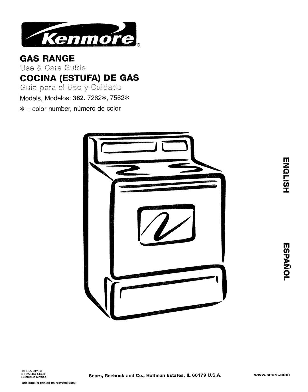 Kenmore 362.7262, 362.7562 manual GAS Range 