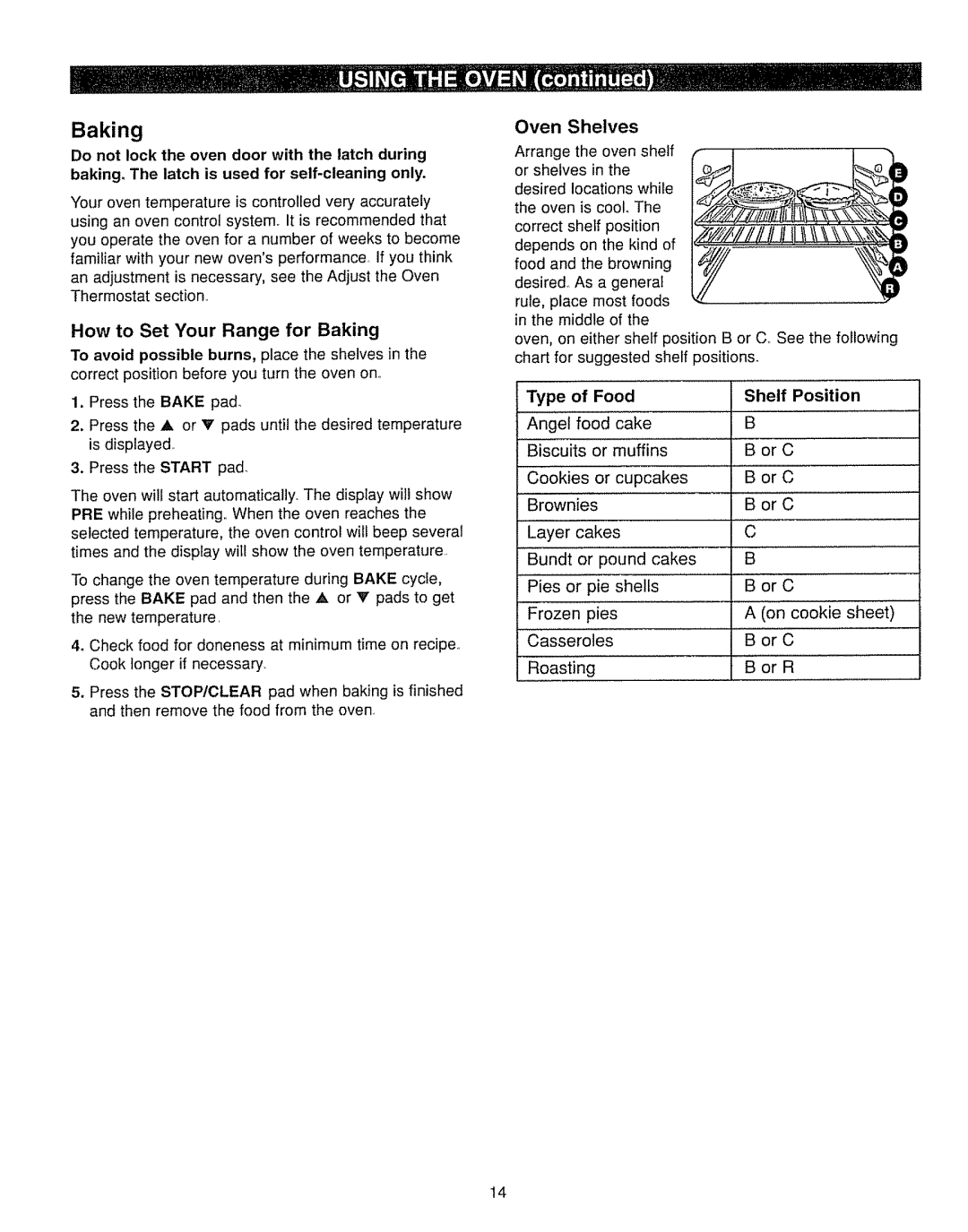 Kenmore 362.7562, 362.7262 manual How to Set Your Range for Baking, Type Food, Position 