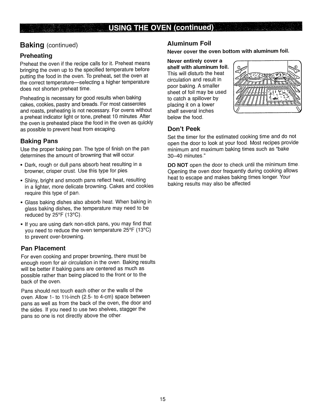 Kenmore 362.7262, 362.7562 manual Aluminum Foil Preheating, Baking Pans, Pan Placement, Dont Peek With aluminum foil 