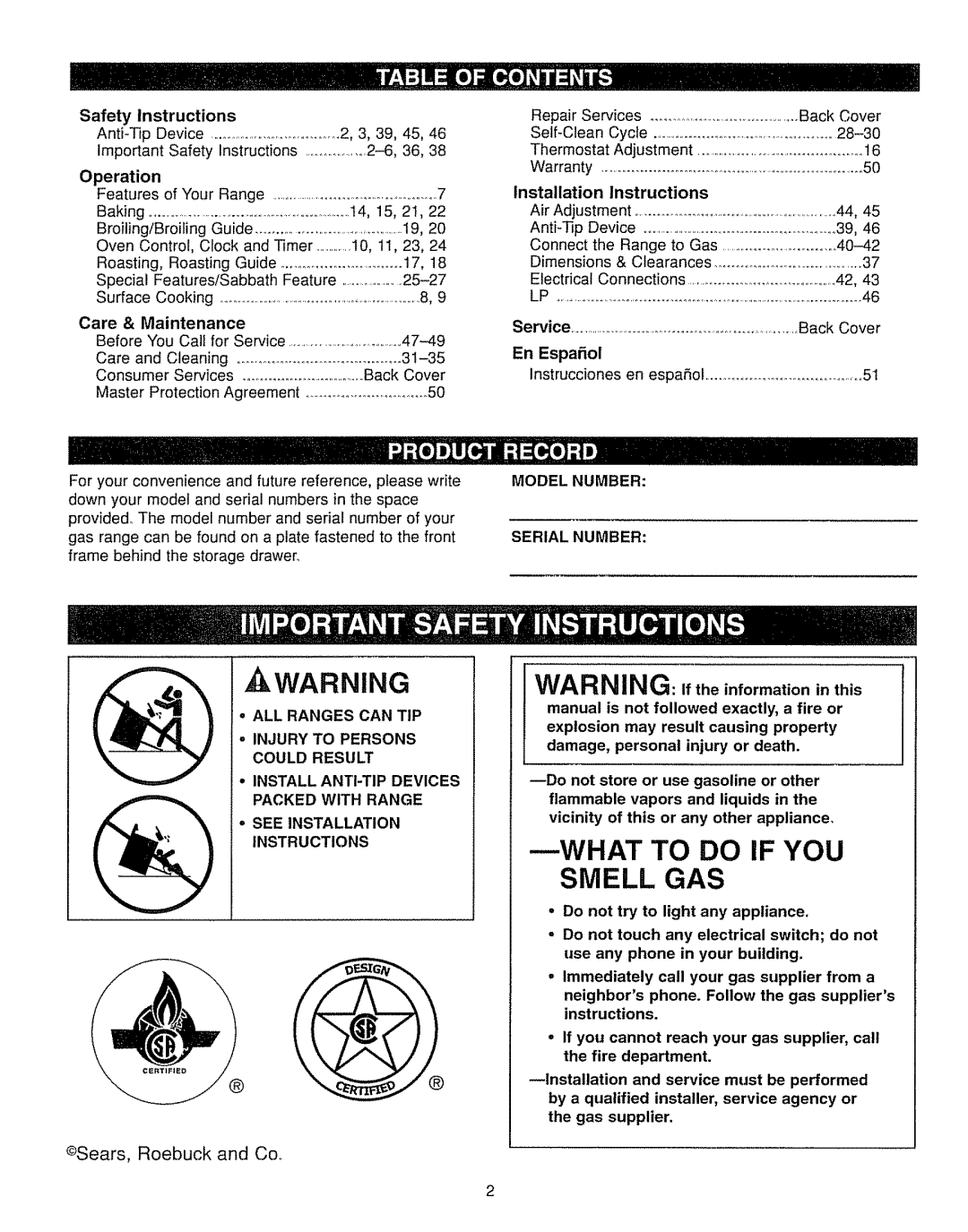 Kenmore 362.7562, 362.7262 manual Sears, Roebuck and Co, Safety Instructions, Care & Maintenance, Injury to Persons 