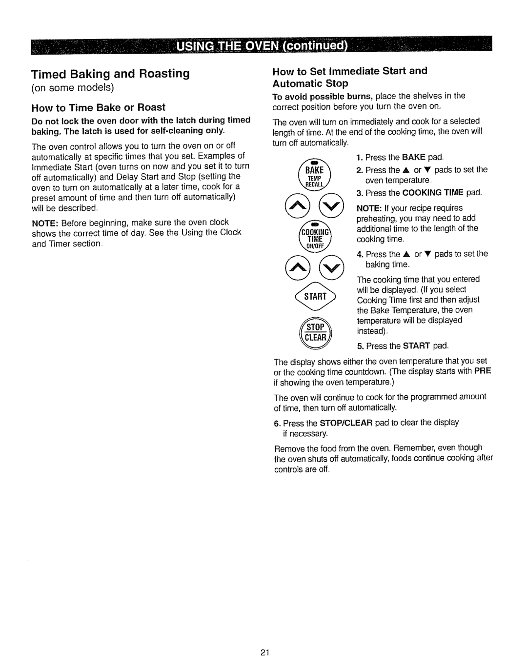 Kenmore 362.7262 Timed Baking and Roasting, How to Time Bake or Roast, How to Set Immediate Start Automatic Stop, Instead 