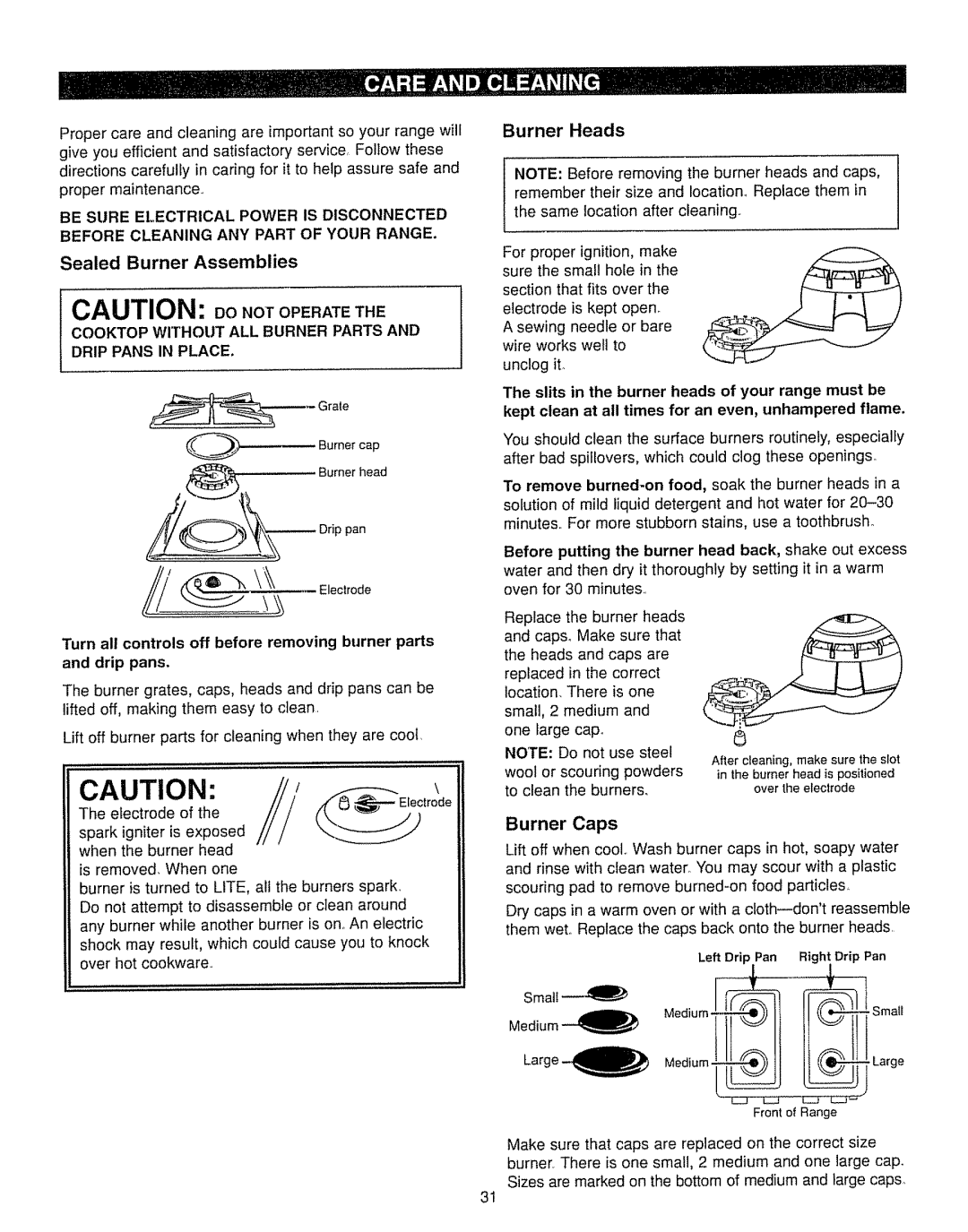 Kenmore 362.7262, 362.7562 manual Sealed Burner Assemblies, Burner Heads, Burner Caps, Drip pans 