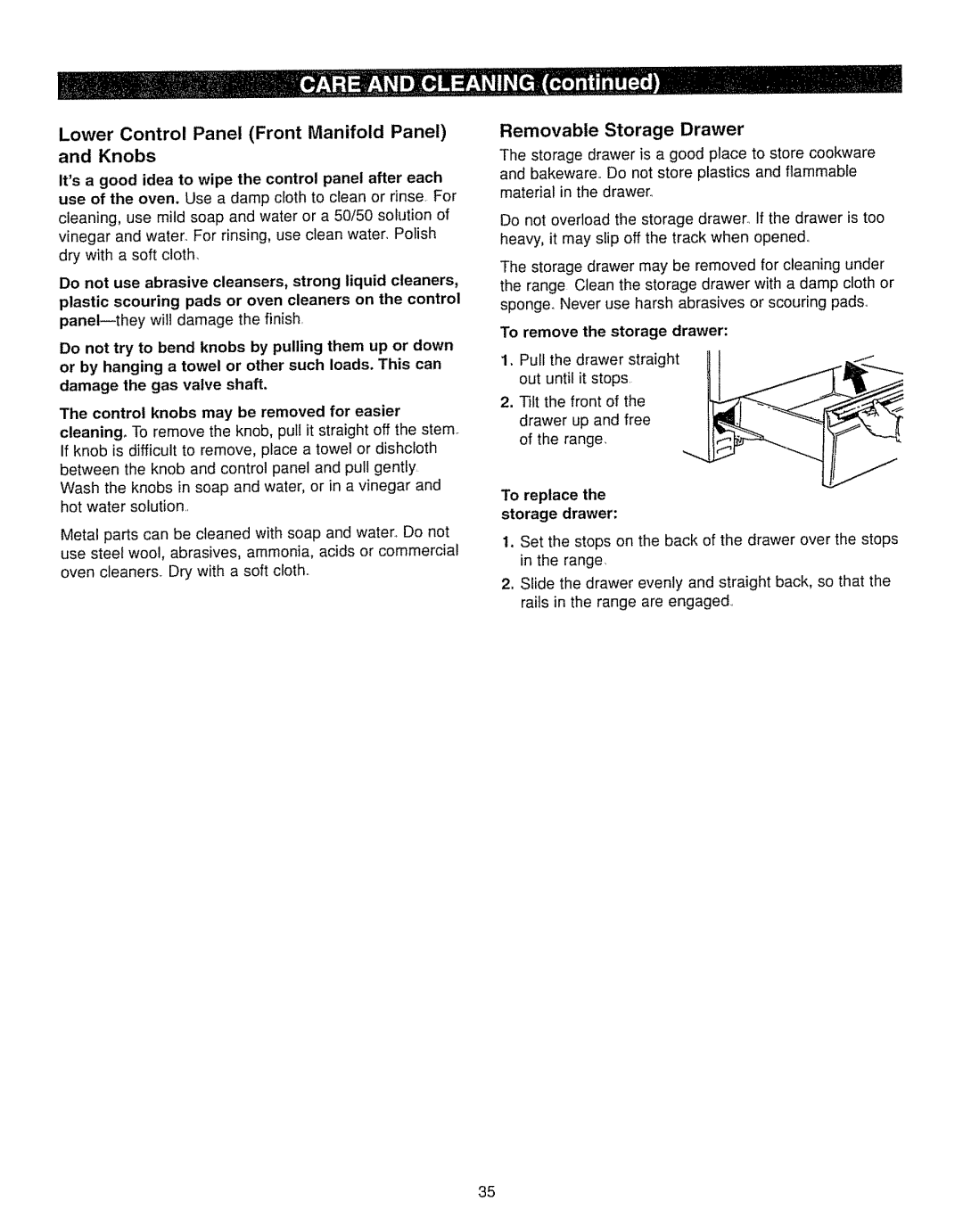 Kenmore 362.7262, 362.7562 manual Lower Control Panel Front Manifold Panel and Knobs, Removable Storage Drawer 