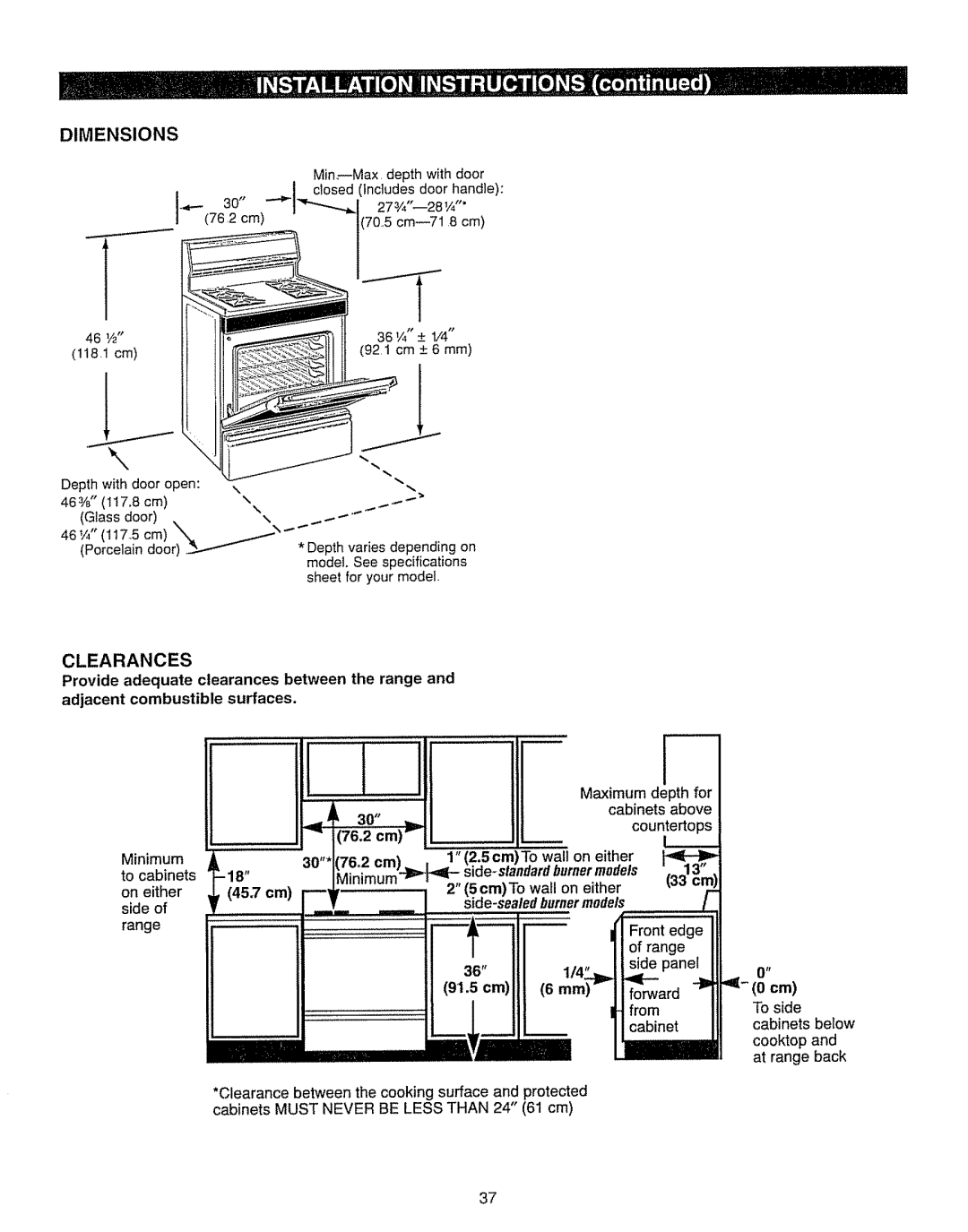 Kenmore 362.7262, 362.7562 manual 46 1/2 118.1 cm, 76.2 cm, 30* ==2 cm \ ScmTo wall on either, 25cmT wall 