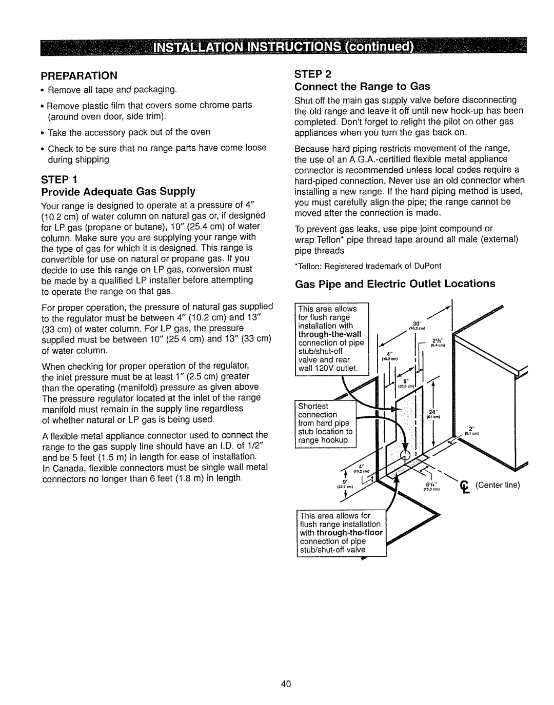 Kenmore 362.7562, 362.7262 Provide Adequate Gas Supply, Connect the Range to Gas, Gas Pipe and Electric Outlet Locations 