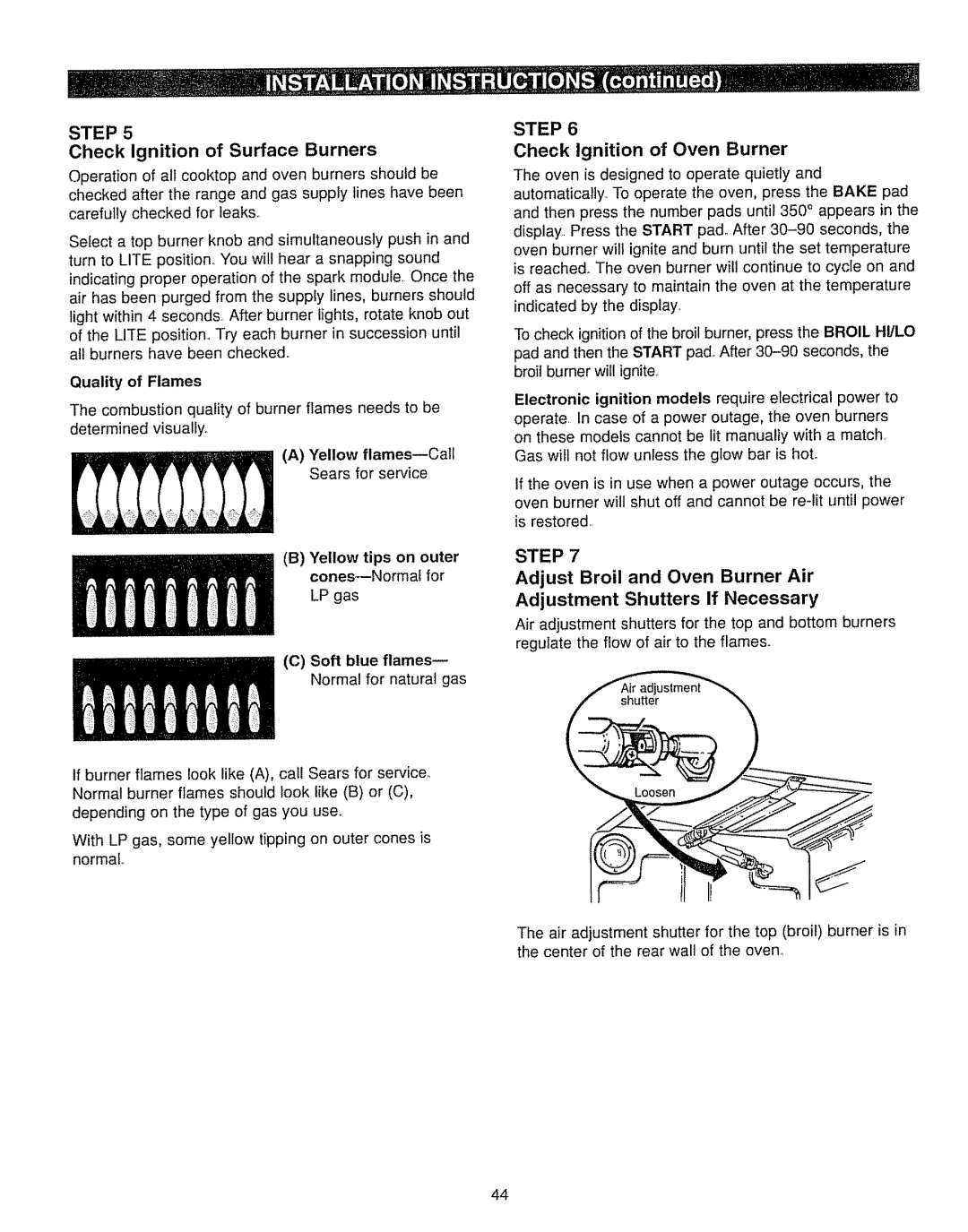 Kenmore 362.7562 manual Check Ignition of Surface Burners, Check Ignition of Oven Burner, Adjust Broil and Oven Burner Air 