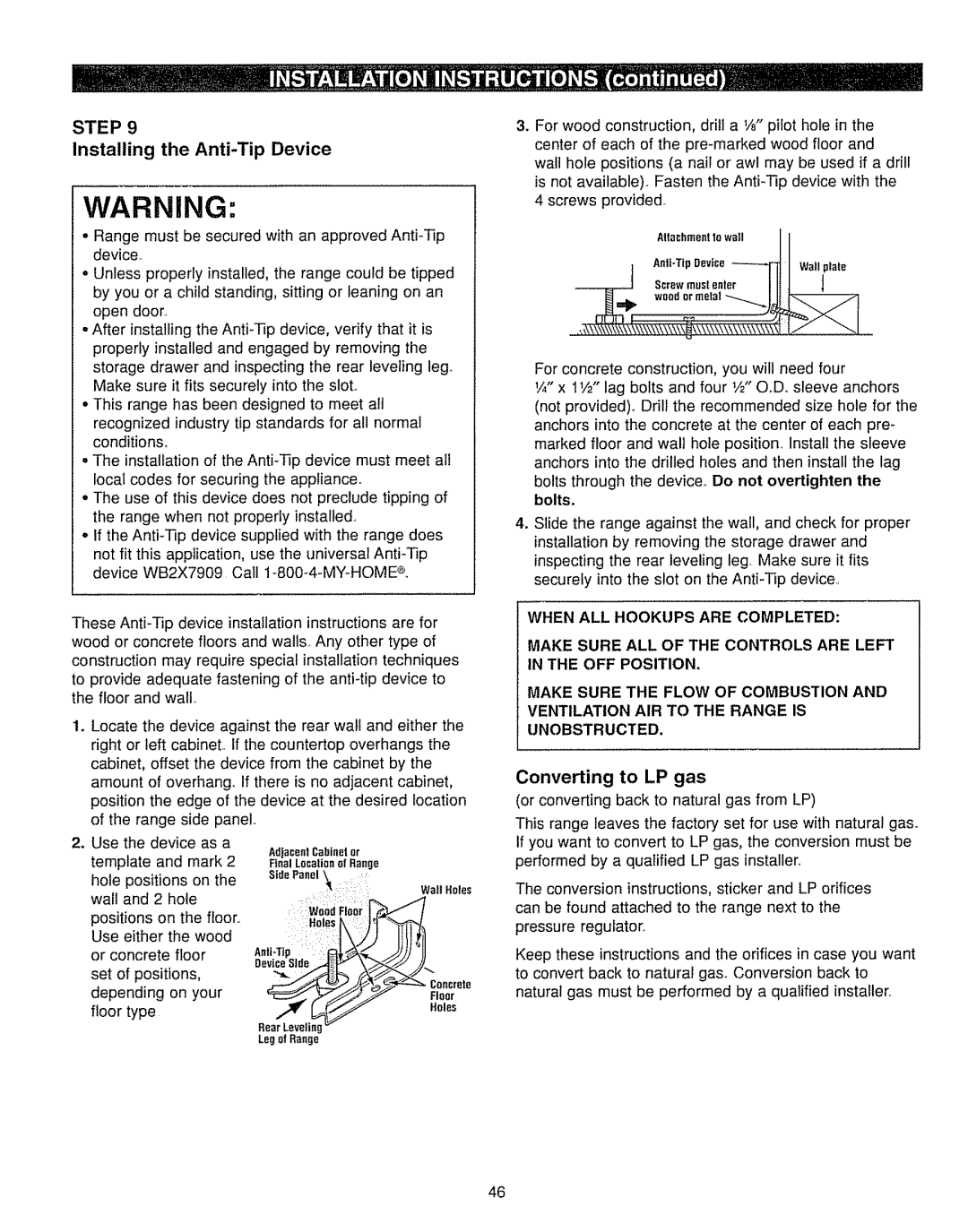 Kenmore 362.7562, 362.7262 manual Installing the Anti-Tip Device, Set of positions, Converting to LP gas 