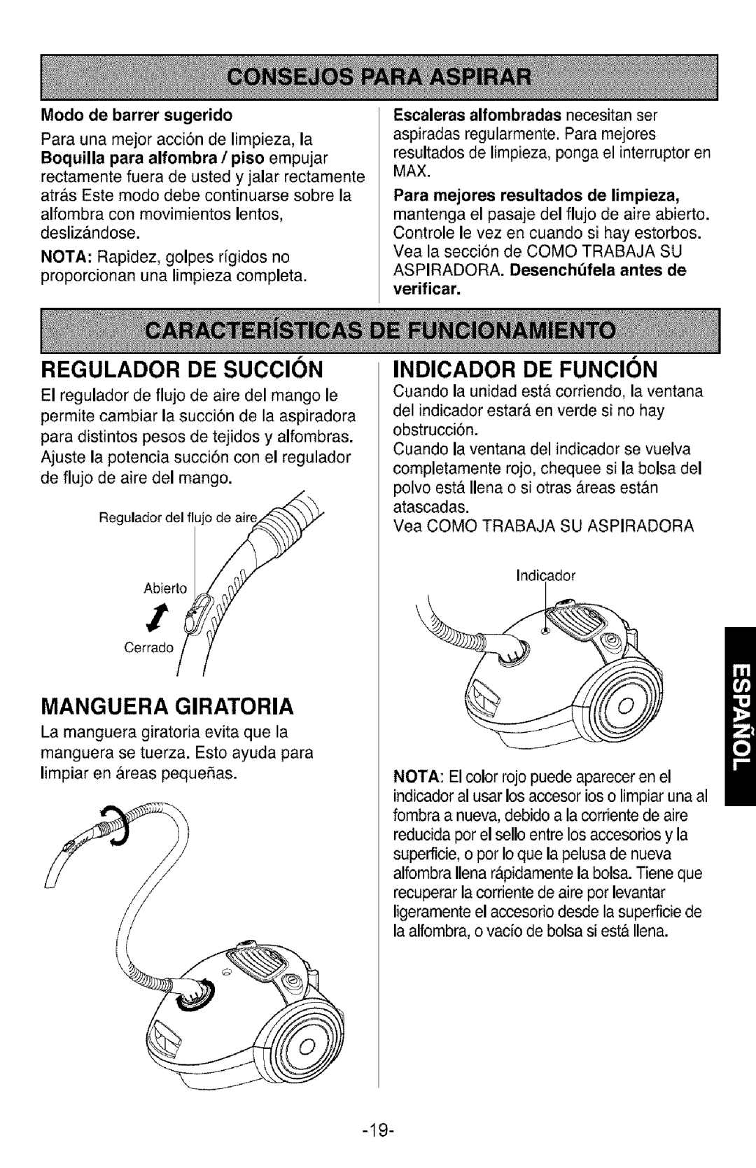 Kenmore 721.26082 Manguera Giratoria, Indicador DE Funcion, Modo de barrer sugerido, Para una mejor acci6n de limpieza, la 