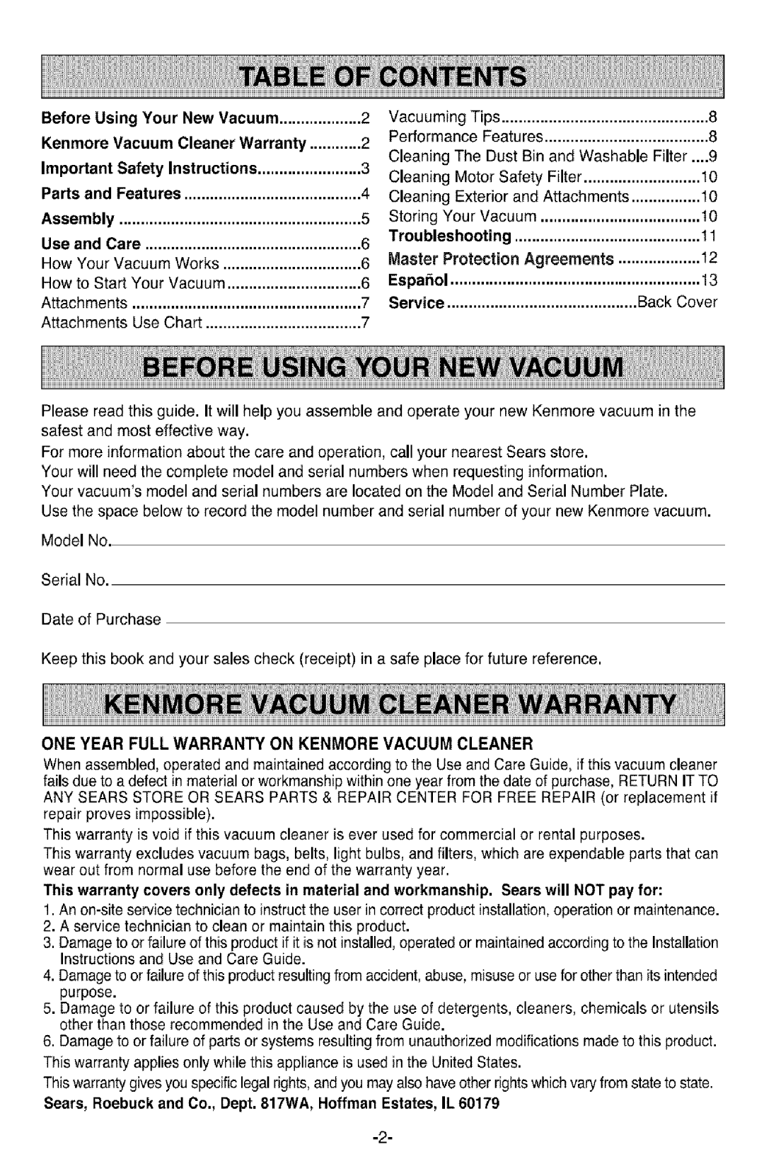 Kenmore 3828FI2852V manual Kenmore Vacuum Cleaner Warranty, Before Using Your New Vacuum, Important Safety Instructions 