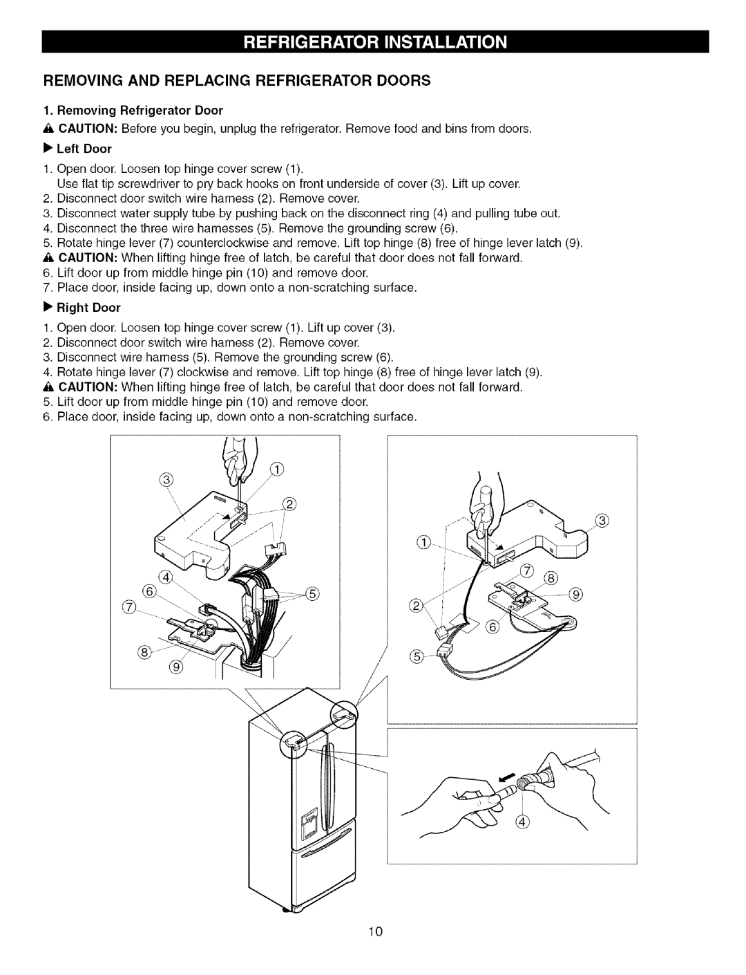 Kenmore 3840JL2019A, 79575559400 manual Removing and Replacing Refrigerator Doors, Removing Refrigerator Door 