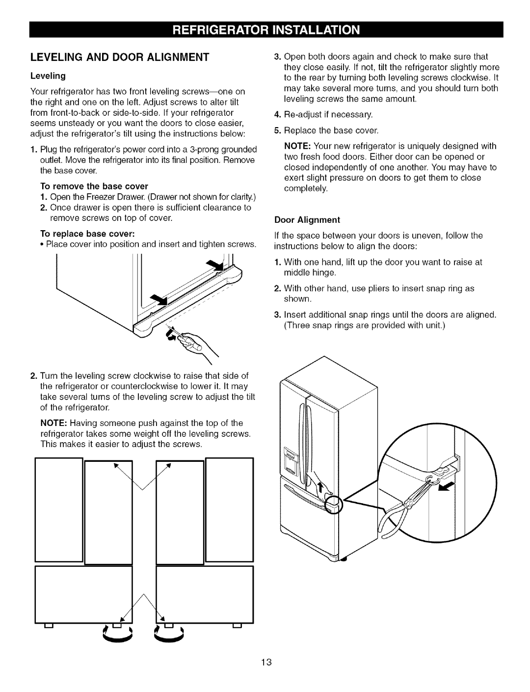 Kenmore 79575559400, 3840JL2019A manual Leveling and Door Alignment, To remove the base cover 