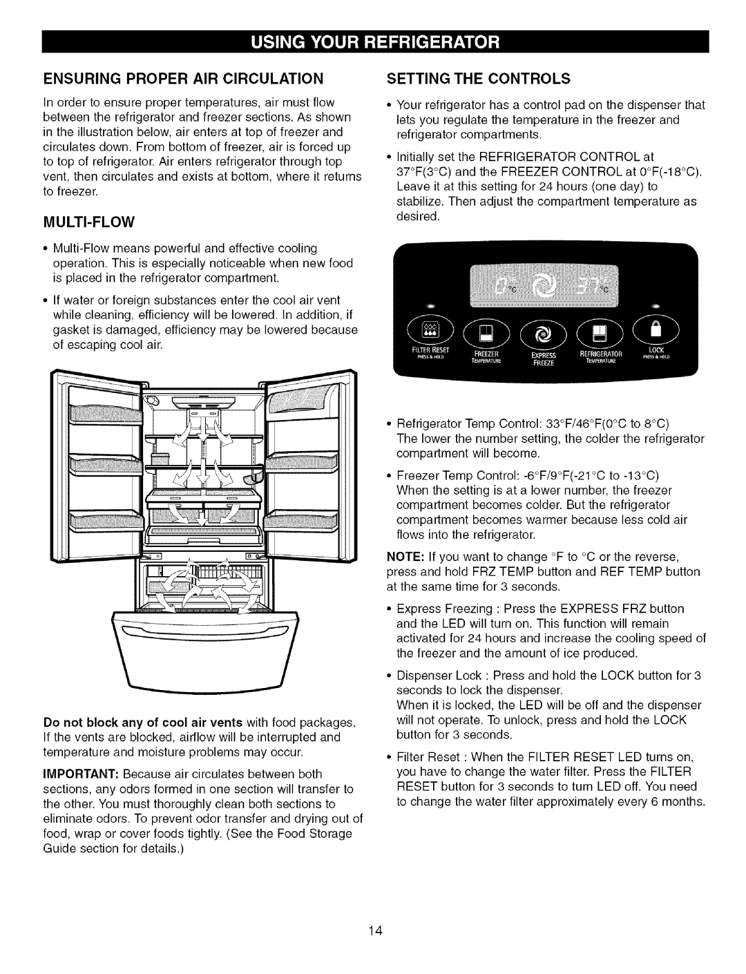 Kenmore 3840JL2019A, 79575559400 manual Ensuring Proper AIR Circulation, Setting the Controls 