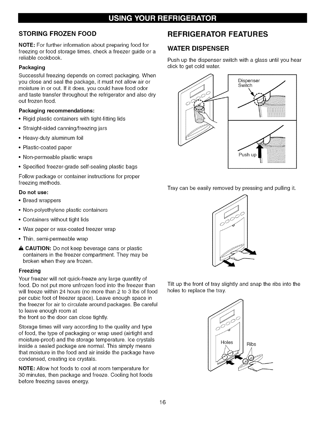 Kenmore 3840JL2019A, 79575559400 manual Storing Frozen Food, Water Dispenser, Packaging recommendations 