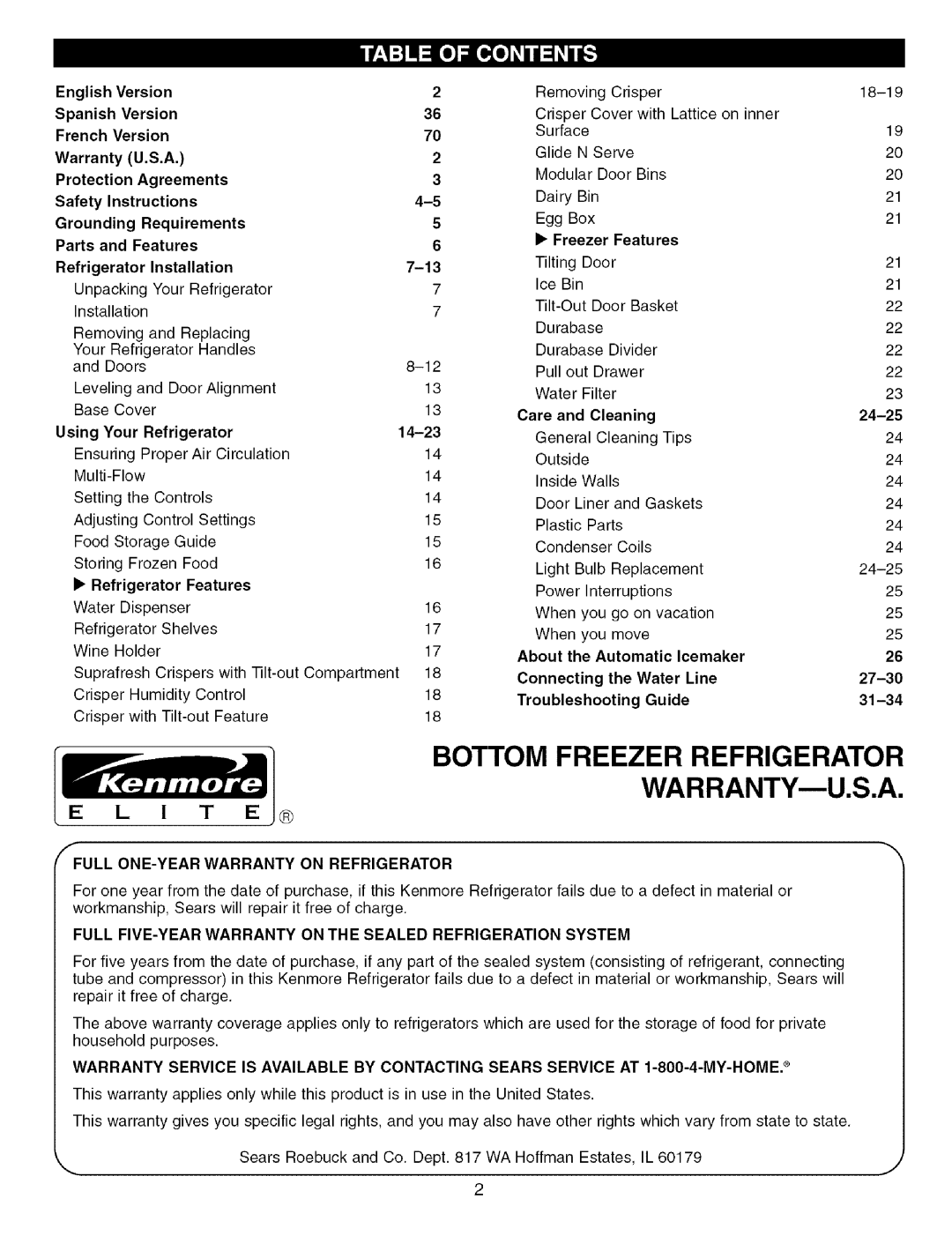 Kenmore 3840JL2019A, 79575559400 manual Refrigerator Features, Freezer Features 