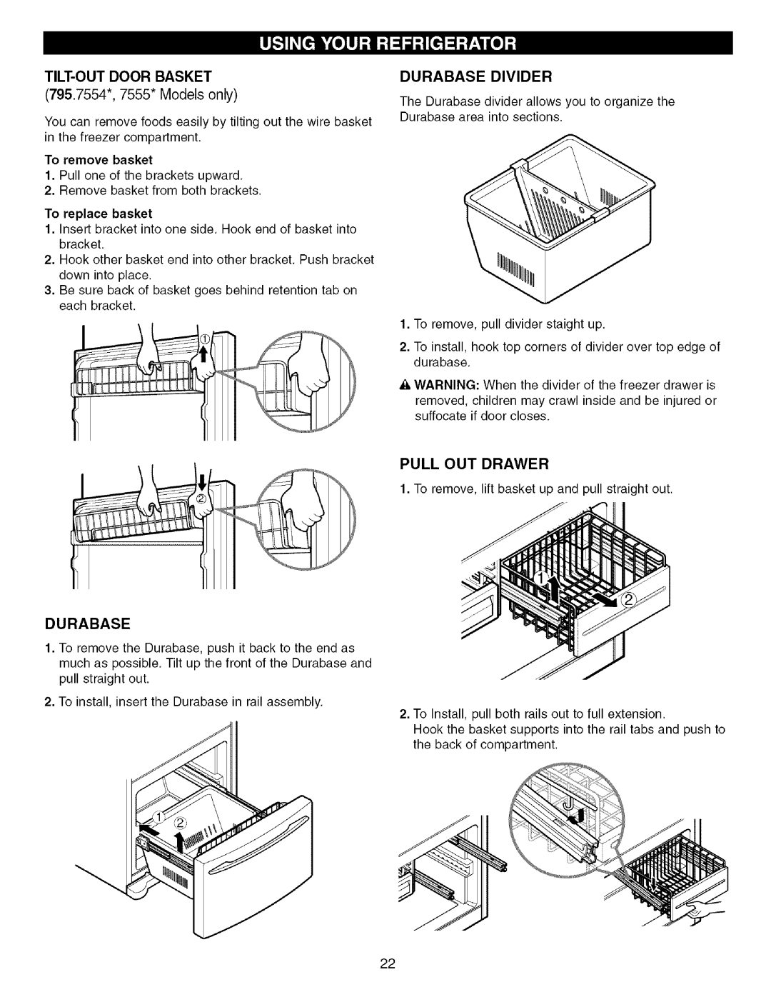 Kenmore 3840JL2019A, 79575559400 manual TILT-OUT Door Basket, Durabase Divider, Pull OUT Drawer 