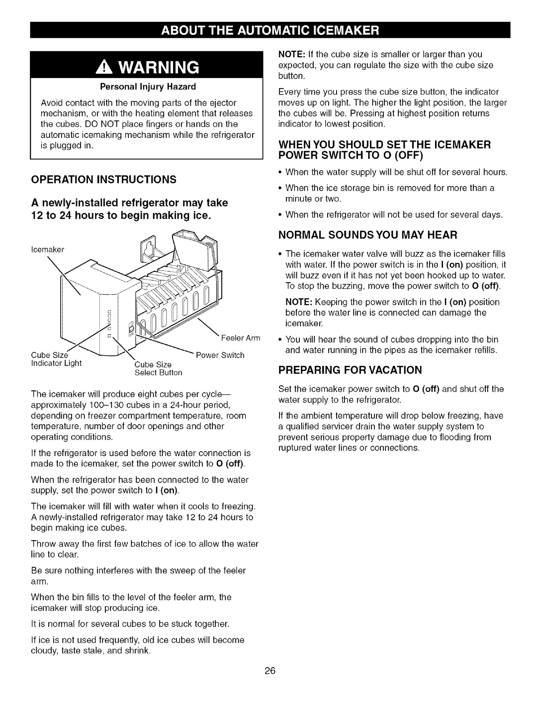 Kenmore 3840JL2019A Operation Instructions, When YOU should SET the Icemaker Power Switch to O OFF, Preparing for Vacation 