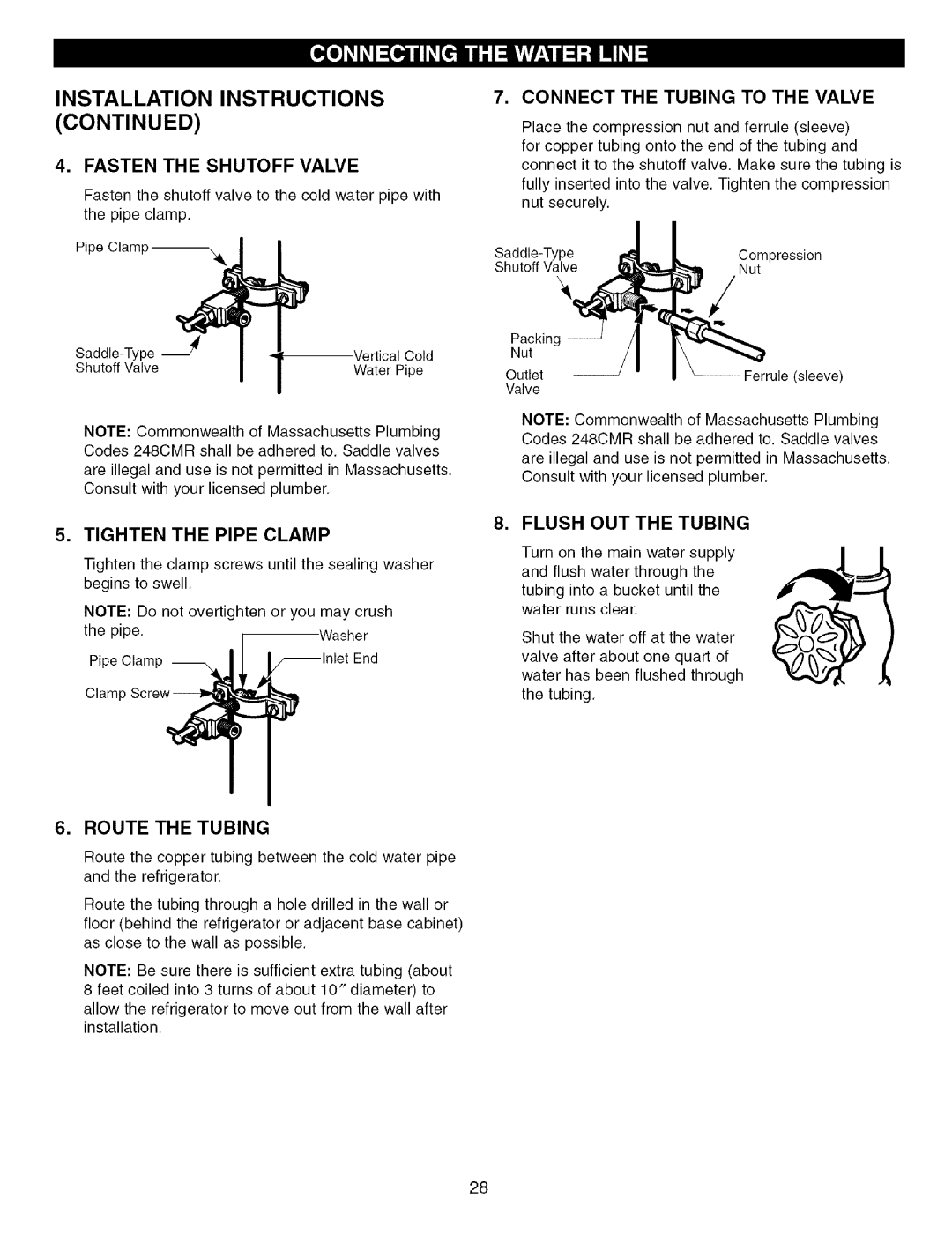 Kenmore 3840JL2019A Fasten the Shutoff Valve, Tighten the Pipe Clamp, Connect the Tubing to the Valve, Route the Tubing 