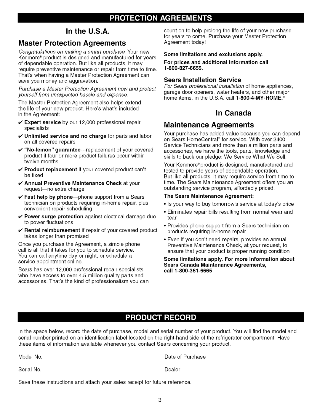 Kenmore 79575559400, 3840JL2019A manual U.S.A Master Protection Agreements, For prices and additional information call 