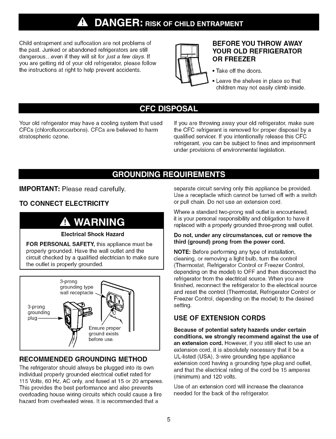 Kenmore 79575559400 To Connect Electricity, Recommended Grounding Method, USE of Extension Cords, Electrical Shock Hazard 